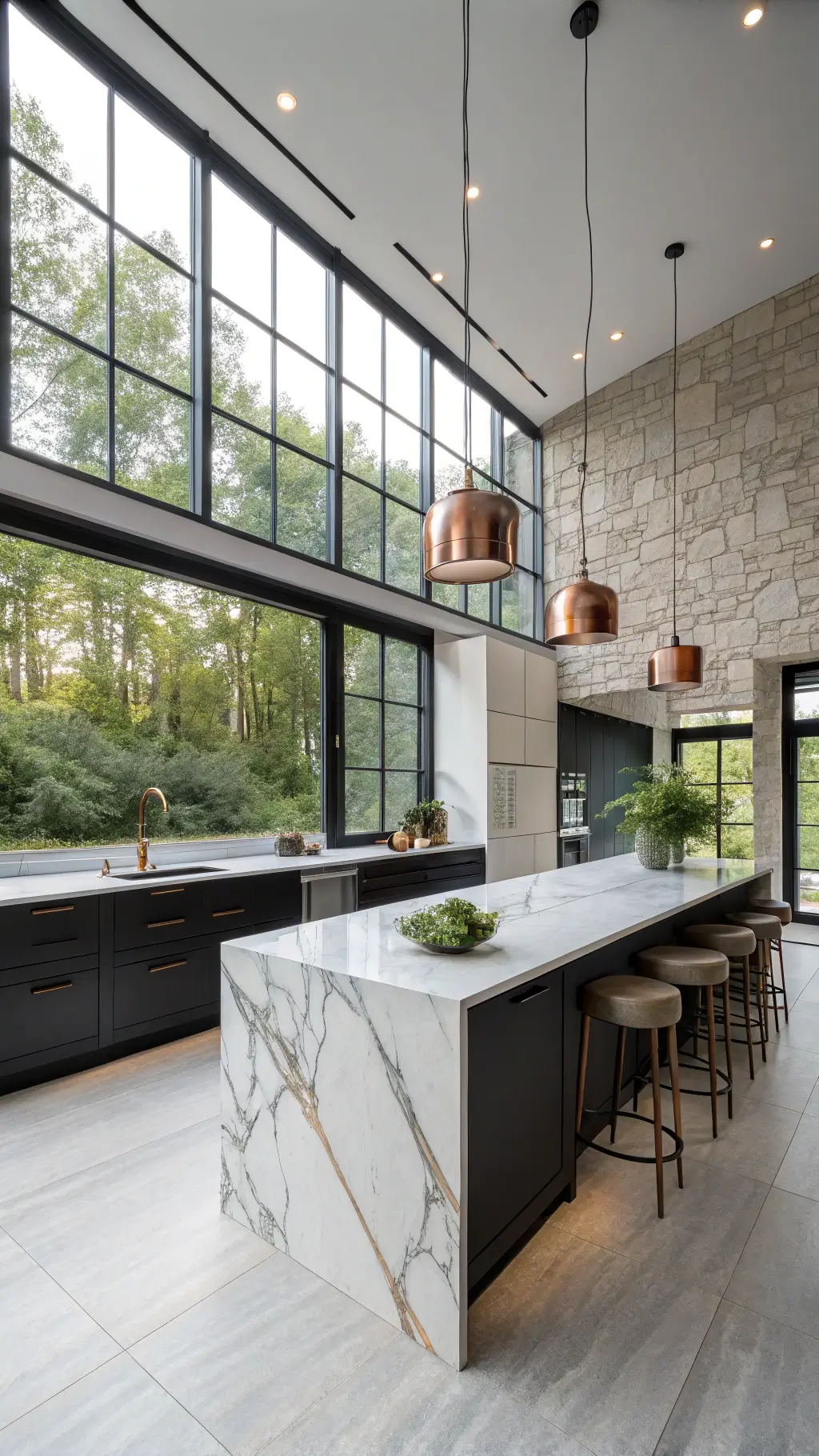 Modern kitchen at dawn with Calacatta marble waterfall island, matte black cabinets, limestone accent wall, copper pendant lights, and stainless steel appliances.