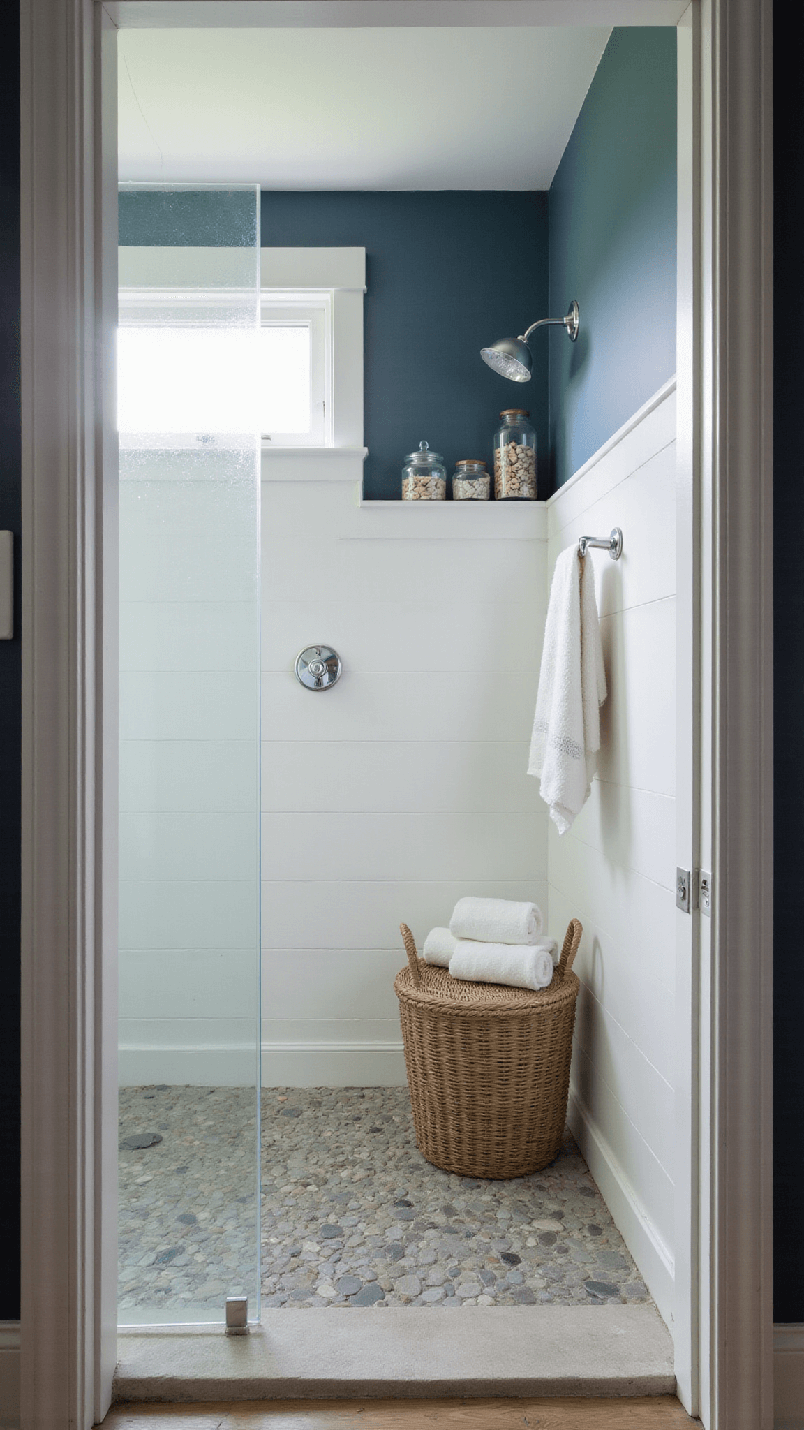 Coastal bathroom with glass shower, pebbled floor, seafoam blue walls, navy accent, and seagrass decor.