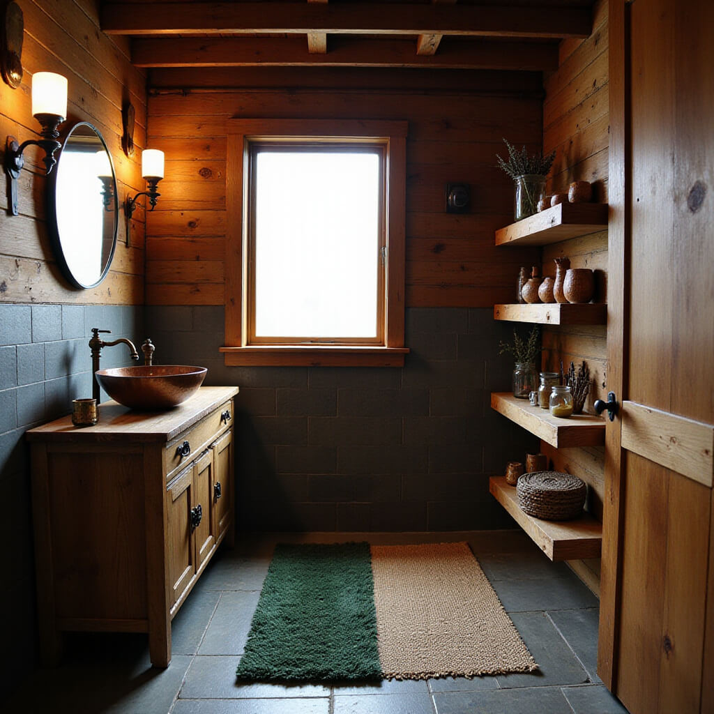 Cozy cabin bathroom with copper sink, slate tile walls, and golden hour light, featuring rustic wood accents, vintage sconces, and textured decor.
