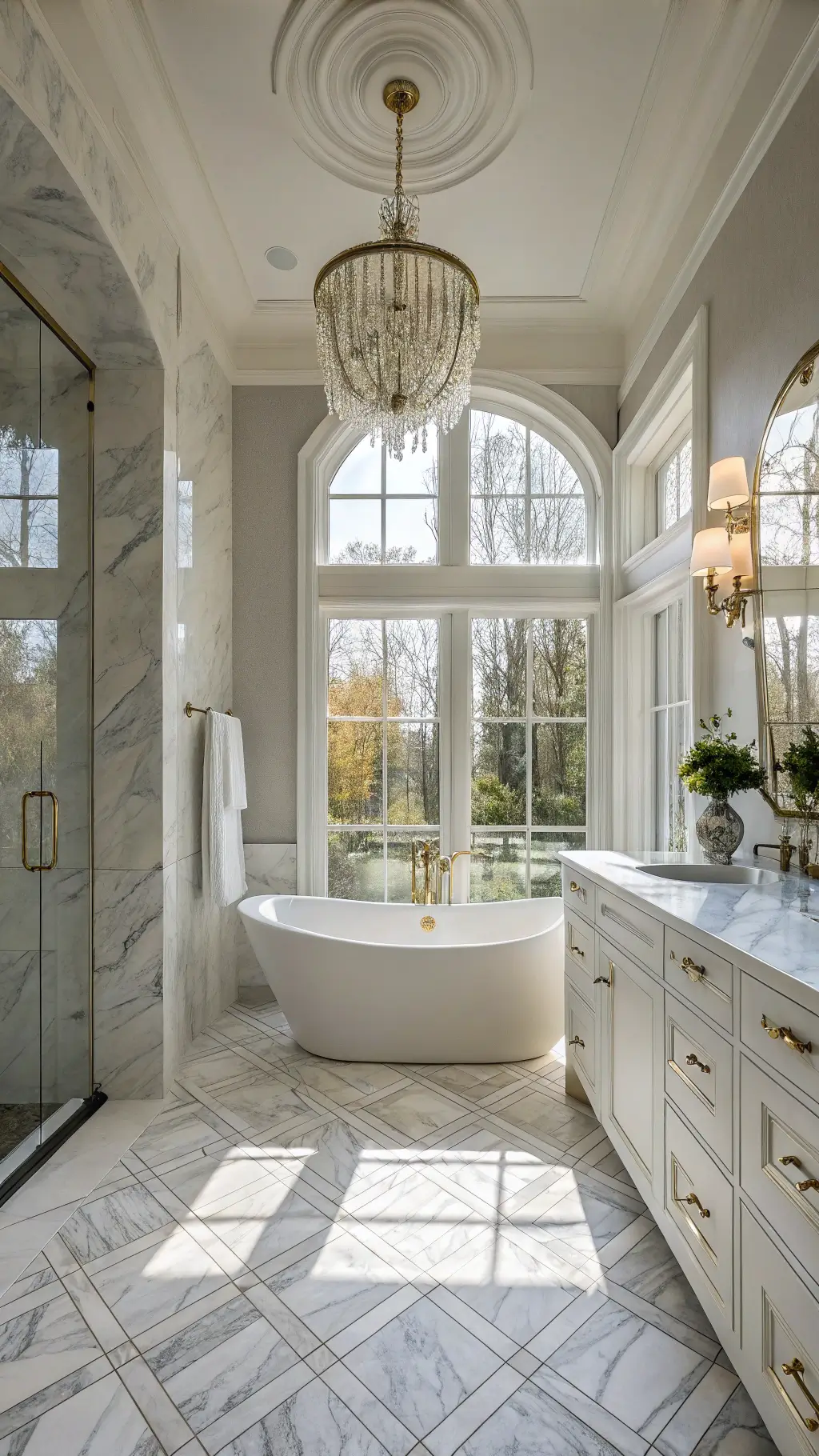 Luxurious marble bathroom with freestanding oval tub, book-matched Calacatta marble shower, herringbone floor, brass fixtures, and early morning sunlight filtering through frosted window.