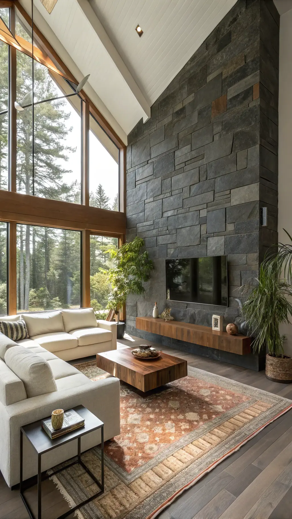Contemporary living room with floor-to-ceiling charcoal slate accent wall, vaulted ceiling, ivory sectional, walnut coffee table, and golden hour light through western windows.