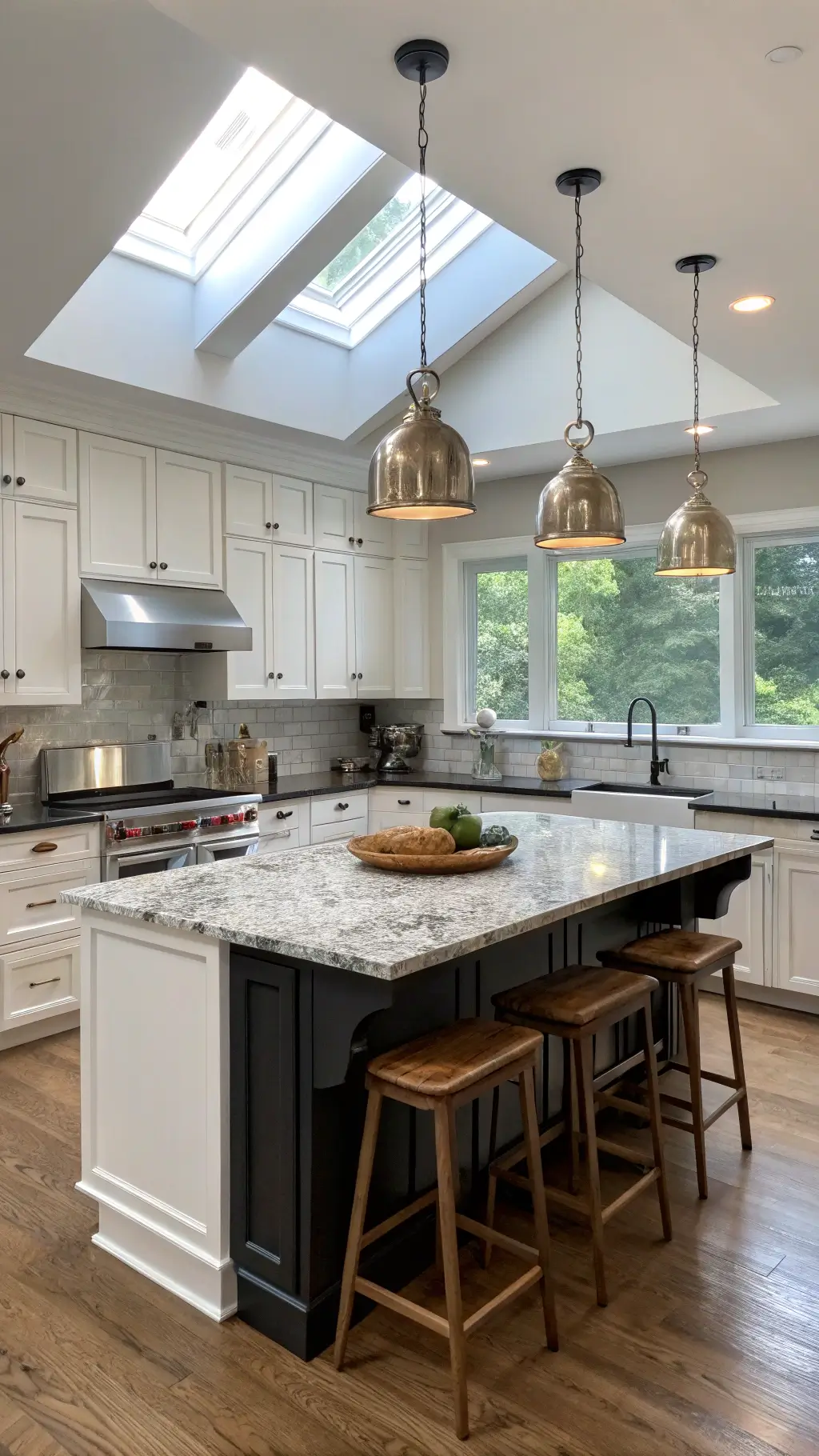 Modern kitchen with black and white speckled granite waterfall island, white shaker cabinets, chrome pendant lights, slate herringbone backsplash, and oak bar stools under natural skylight.