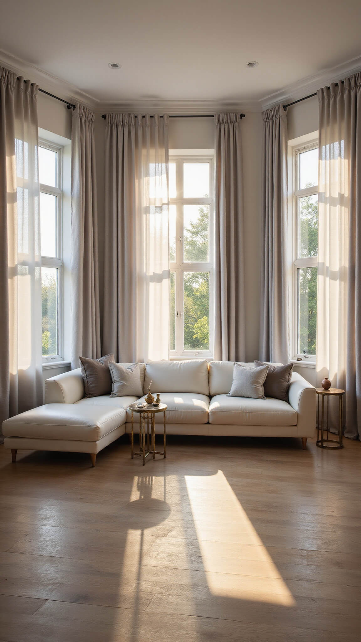 Elegant living room with pearl gray linen curtains, cream leather sectional, and brass-accented decor bathed in golden hour sunlight.