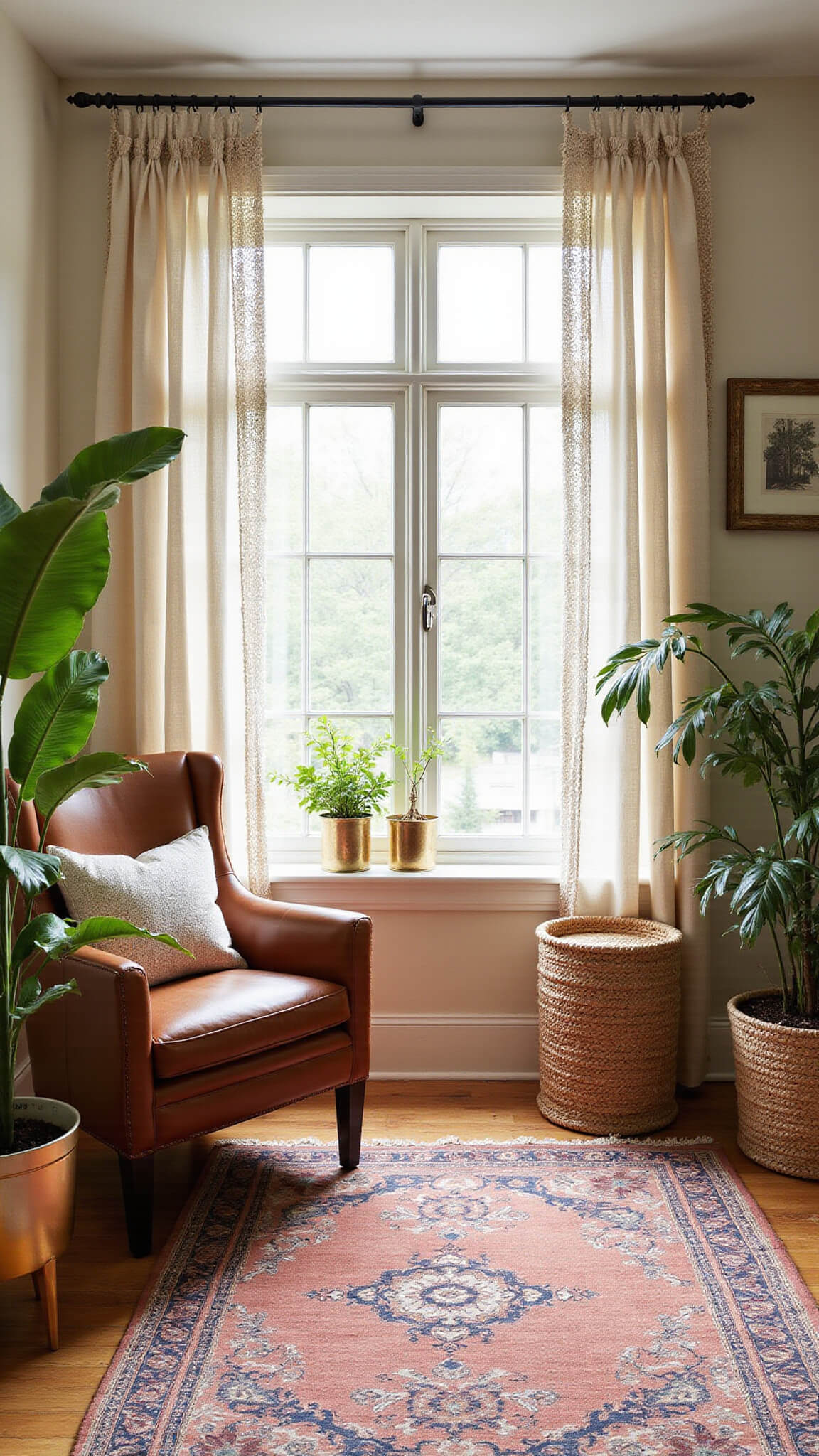 Low-angle view of a cozy bohemian living room with unbleached linen tab top curtains, macramé layers, vintage leather armchair, layered Persian rugs, rattan accents, and trailing plants illuminated by soft natural and fill lighting.