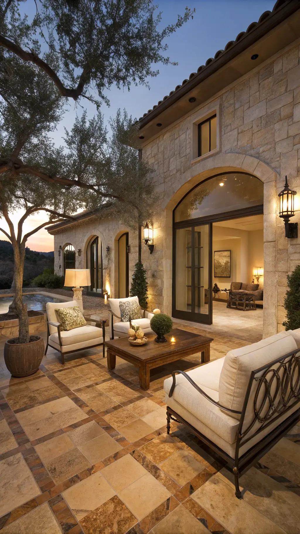 Mediterranean courtyard living room with travertine flooring, cream sofas, leather chairs, olive trees, and dusk lighting highlighting indoor-outdoor flow.