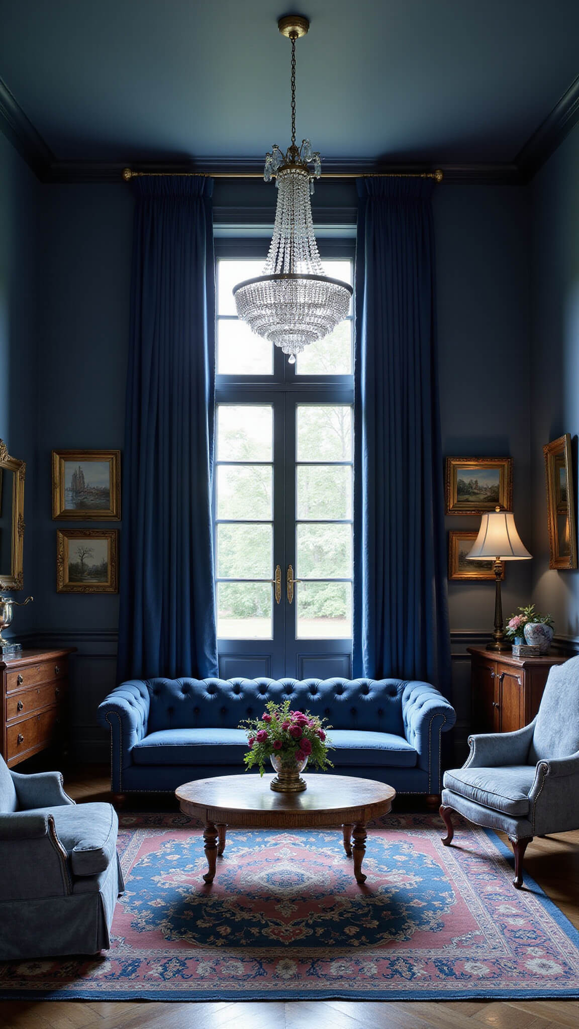 Formal living room with midnight blue velvet curtains, crystal chandelier, traditional furniture, and symmetrical classical decor in jewel tones at dusk.