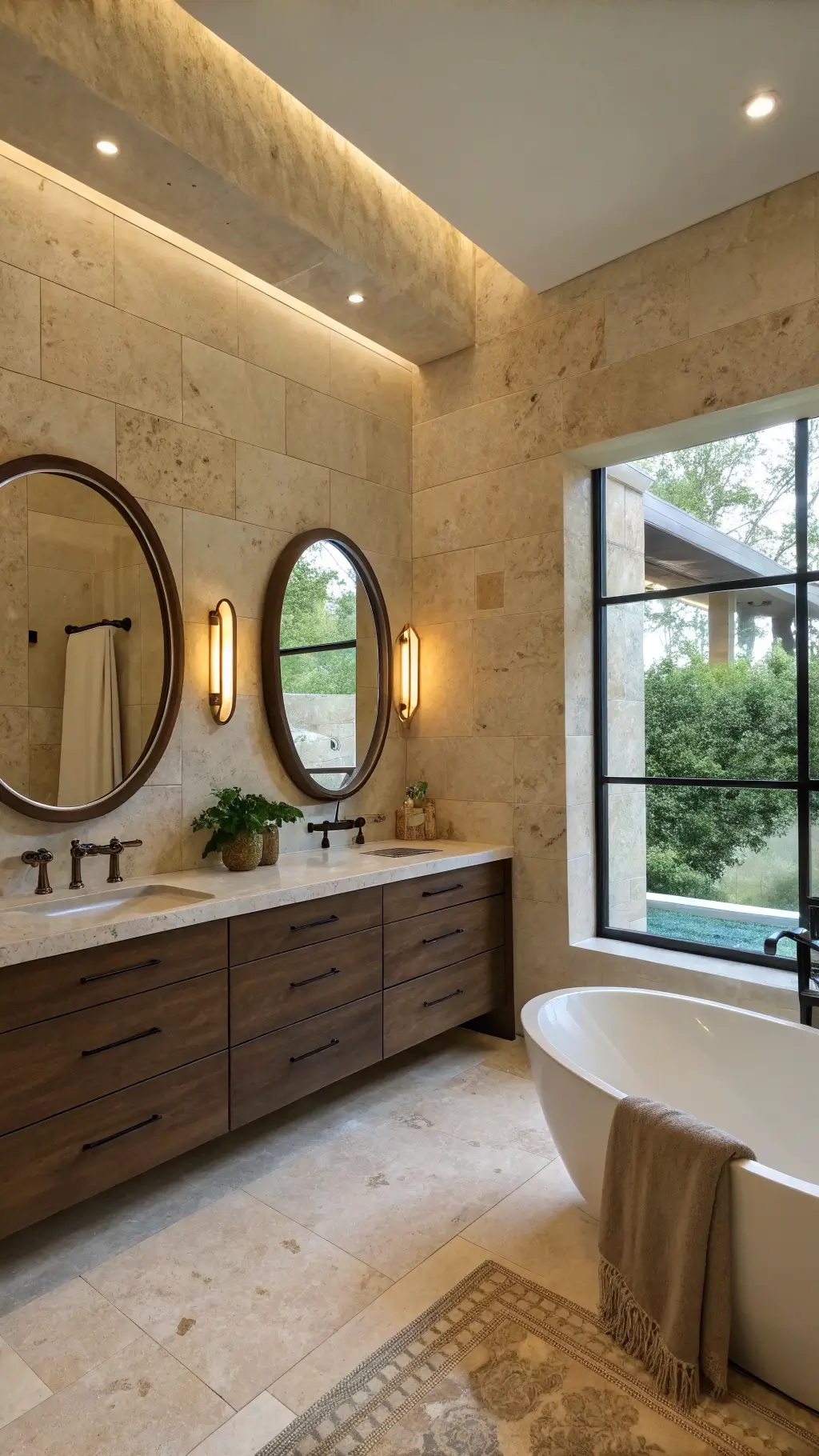 Luxurious master bathroom with limestone walls, freestanding soaking tub, dark walnut double vanity, circular lighted mirrors, and soft sage green accents.