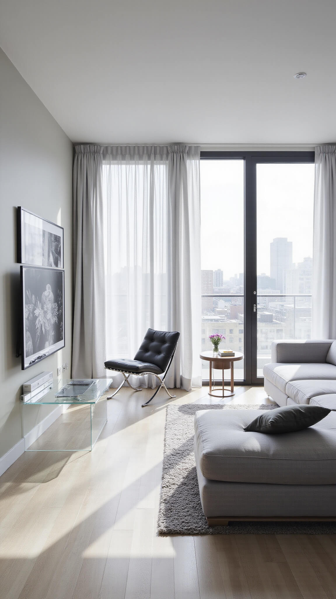 Bright, modern 16x20ft living space with sheer white curtains, gray blackout panels, floor-to-ceiling windows, low-profile Italian sofa, lucite accents, black and white photography, and chrome details in a monochromatic palette.