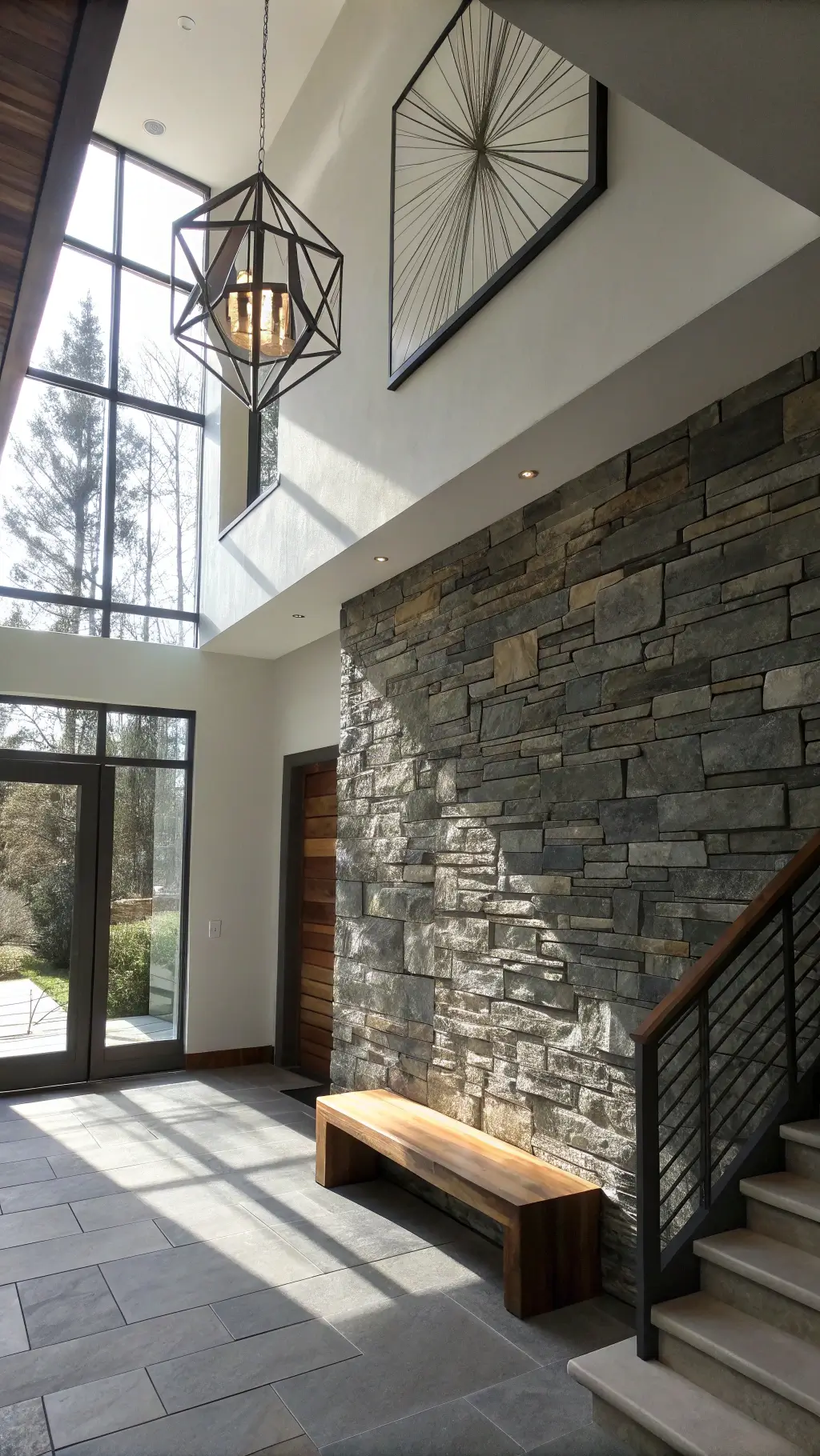 Modern double-height entryway with mixed gray and white stacked stone wall, floating wooden bench, large abstract art, and geometric pendant light casting shadows.