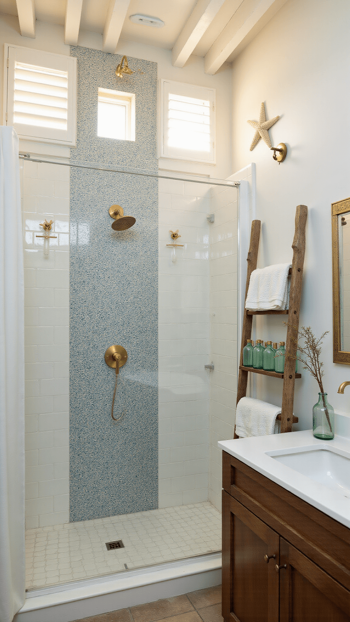 Golden hour light filters into a stylish corner shower with Moroccan-inspired blue and white tiles, pearl white subway walls, brass fixtures, and decor including sea glass bottles, linen towels on a driftwood ladder, and preserved starfish.