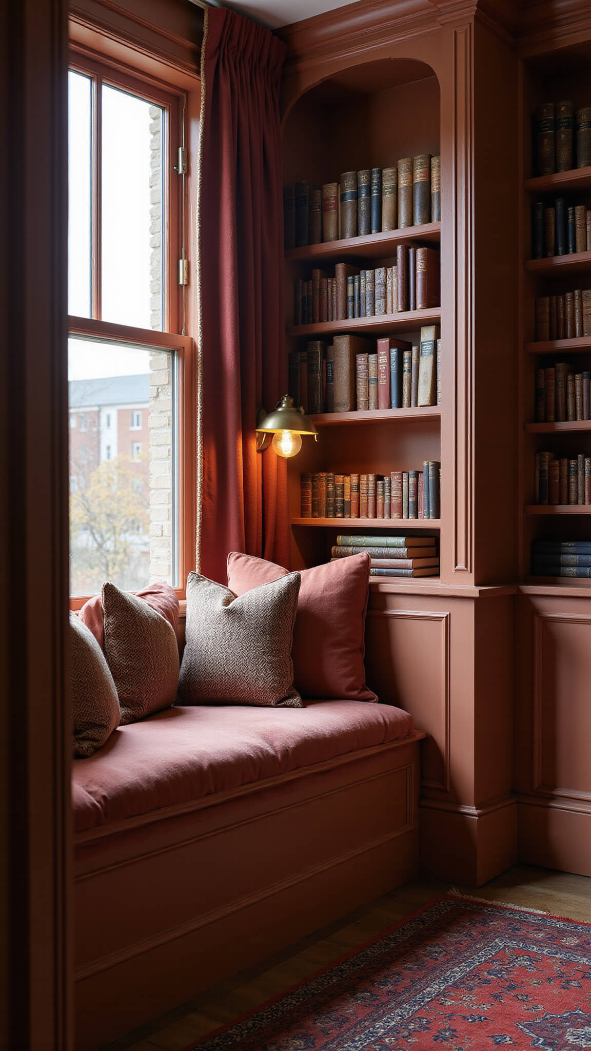 Close-up of a cozy reading nook with dusty rose velvet curtains framing a window seat, bathed in sunset light, with plush cushions, built-in bookshelves, leather-bound books, and a vintage Persian rug.