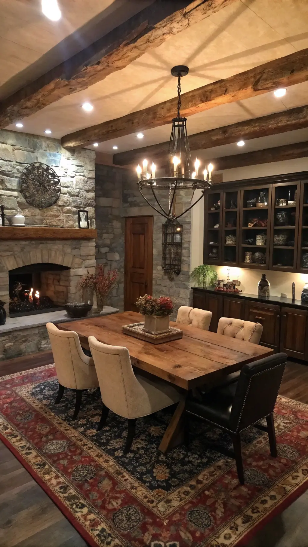 Rustic-modern dining room with exposed beams, granite fireplace, reclaimed wood table on Persian rug, mixed chairs, and warm evening lighting.