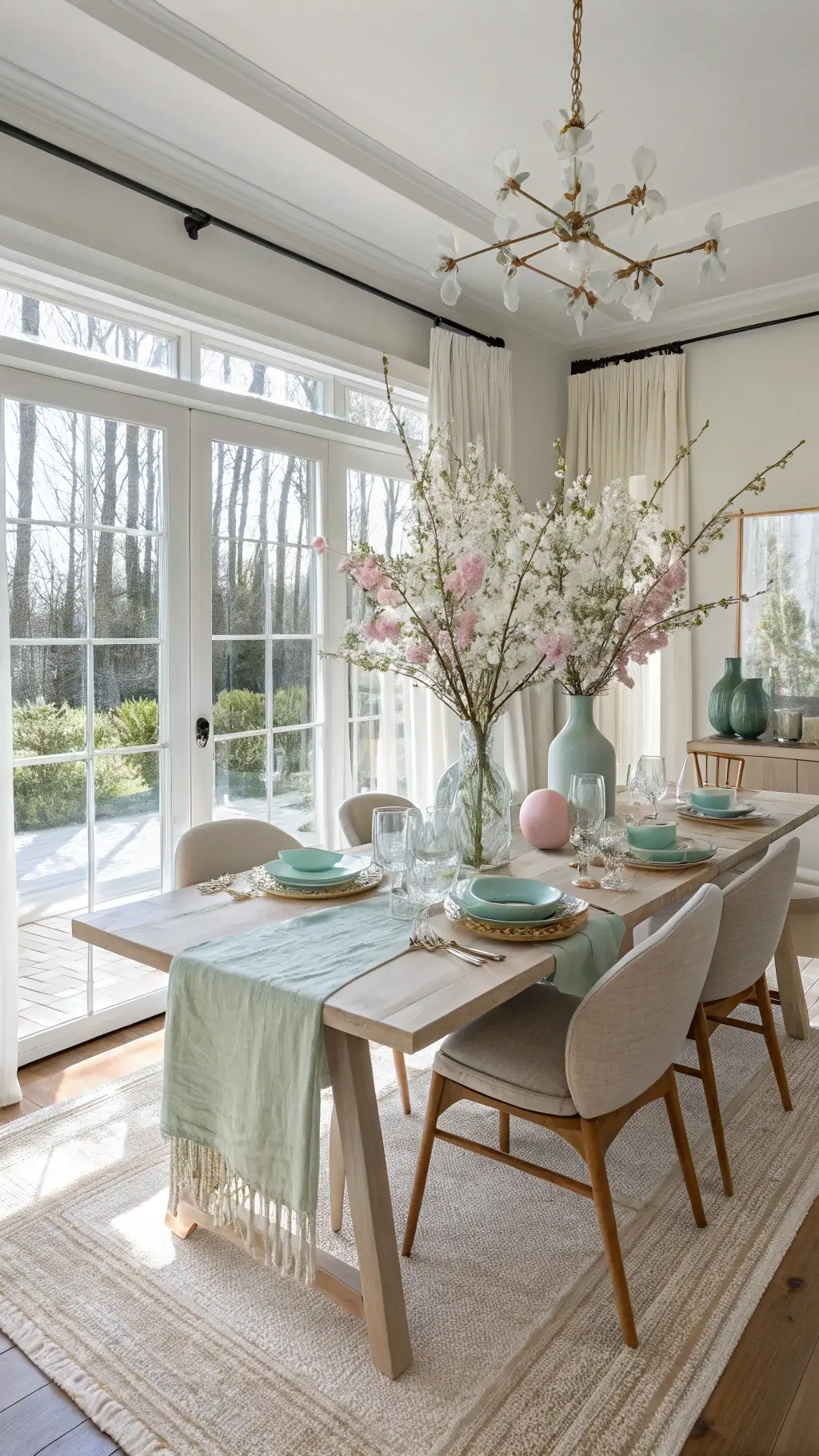 Modern Easter brunch dining room with oak table set in pastel tones, cherry blossoms, ceramic bunnies, and soft morning light filtering through sheer curtains.