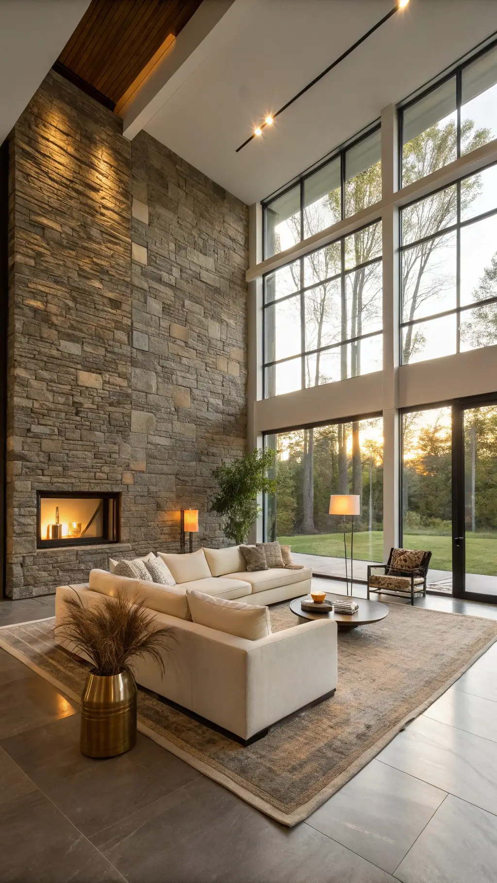 Luxurious modern living room with floor-to-ceiling windows, slate stone accent wall, cream L-shaped sofa on jute rug, and warm ambient lighting.