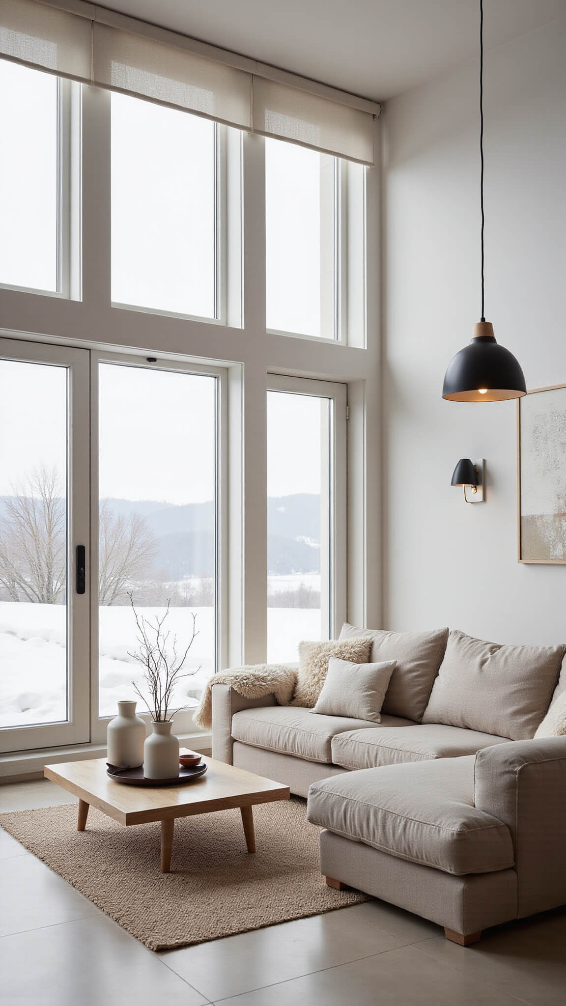 Scandinavian-style 17x19ft living room with pale oak furniture, white wave fold curtains, sheepskin throws, and panoramic snowy window views in bright morning light.