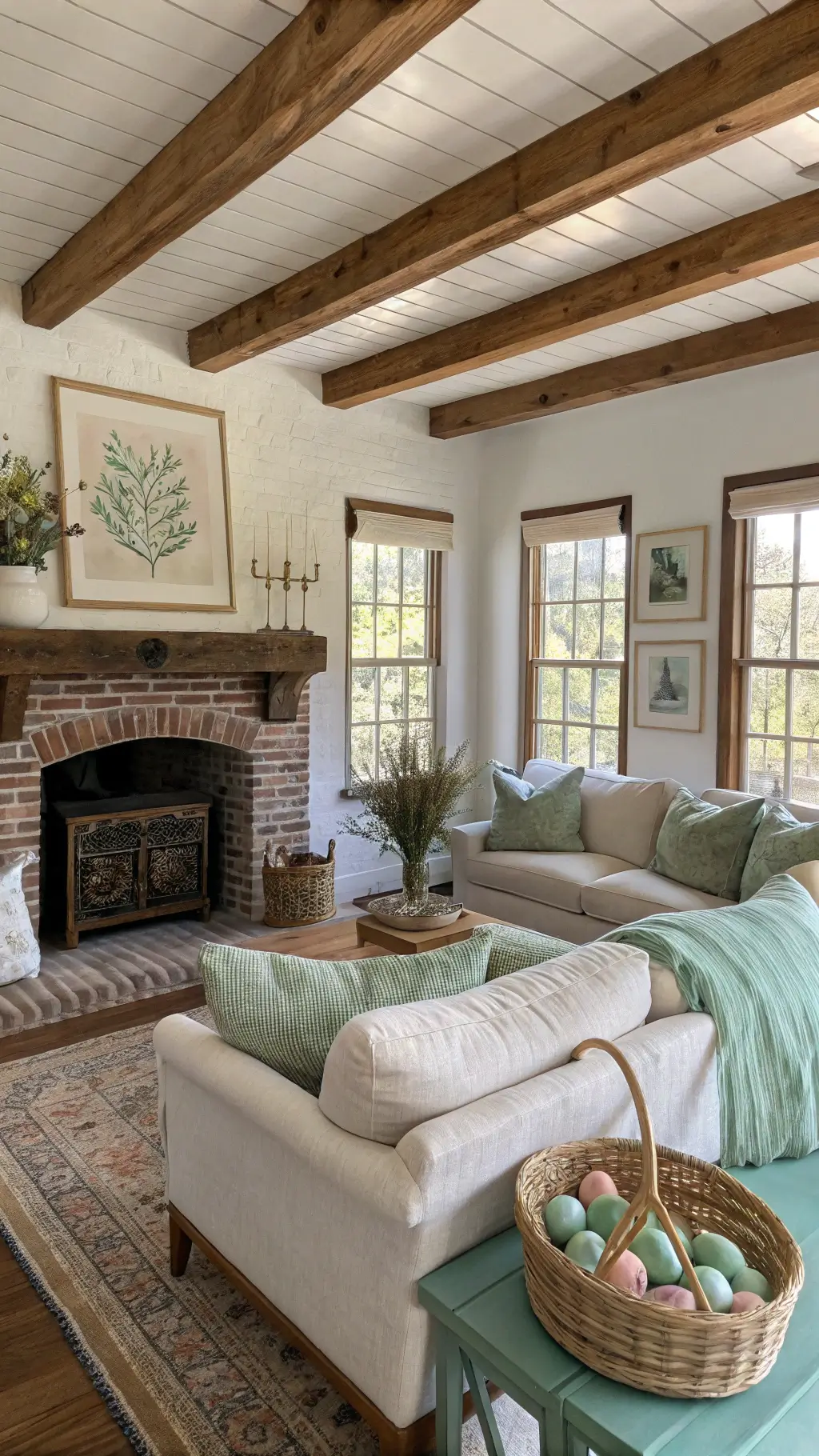 Cozy cottagecore Easter living room with linen sofa, vintage decor, and soft natural light through bay windows.