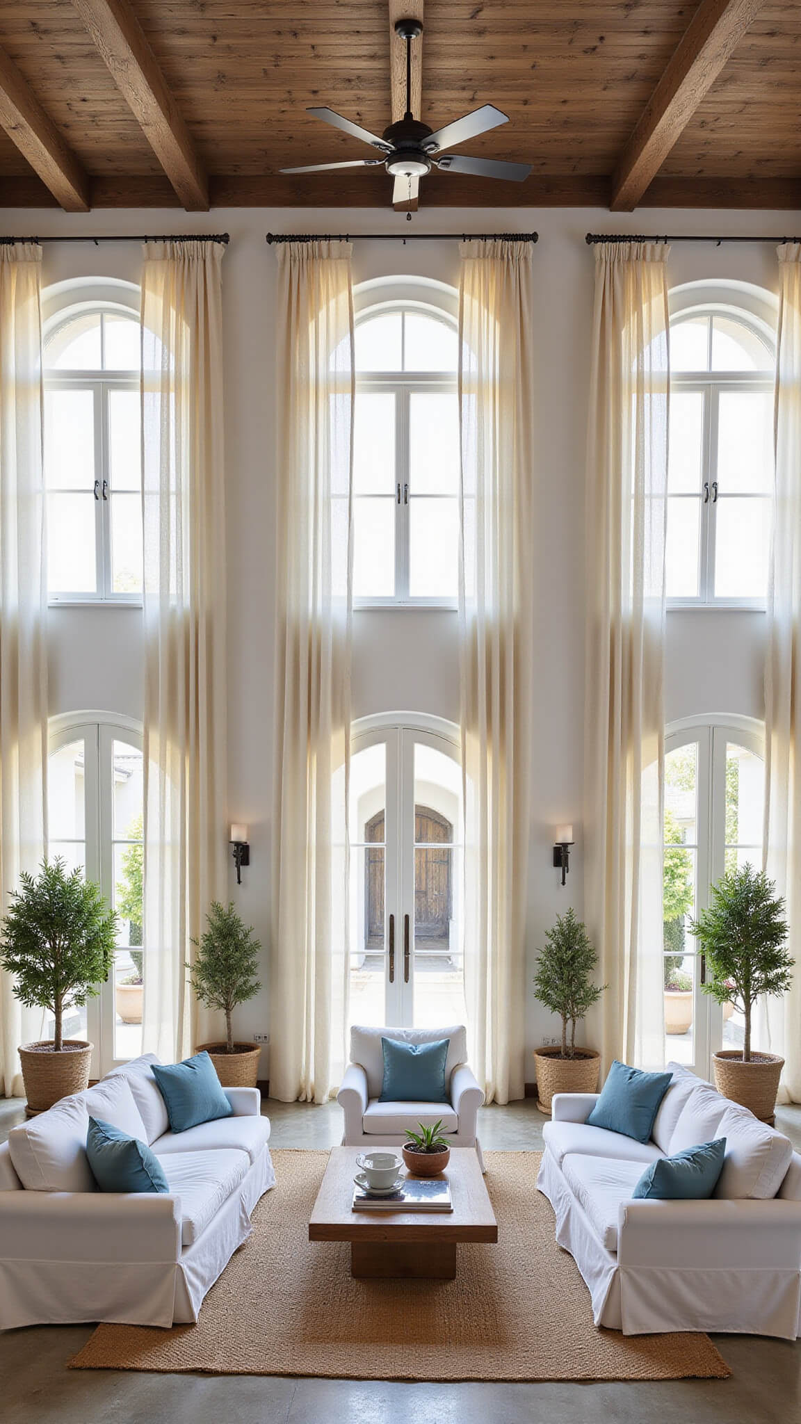 Mediterranean-style great room with tall windows, arched doorways, dark wood beams, whitewashed walls, slipcovered sofas, and coastal decor in white, sand, and sea blue.