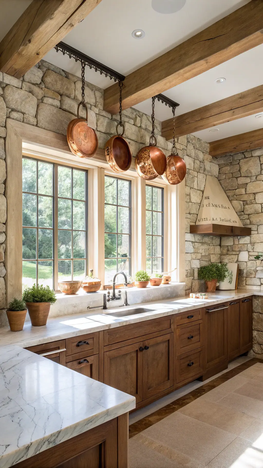 Bright traditional kitchen with exposed wooden beams, cream and gray stone backsplash, walnut cabinets, marble countertops, hanging copper pots, and herbs on the windowsill.