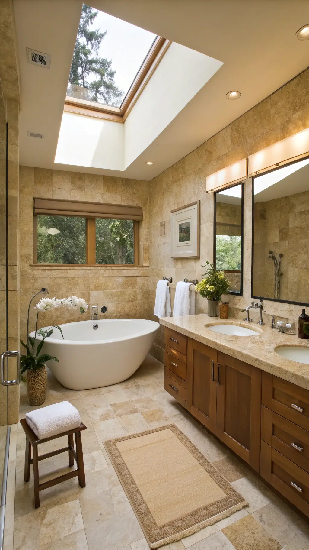Serene 12x15ft master bathroom with travertine tiles, freestanding tub under skylight, double vanity, and natural accents.