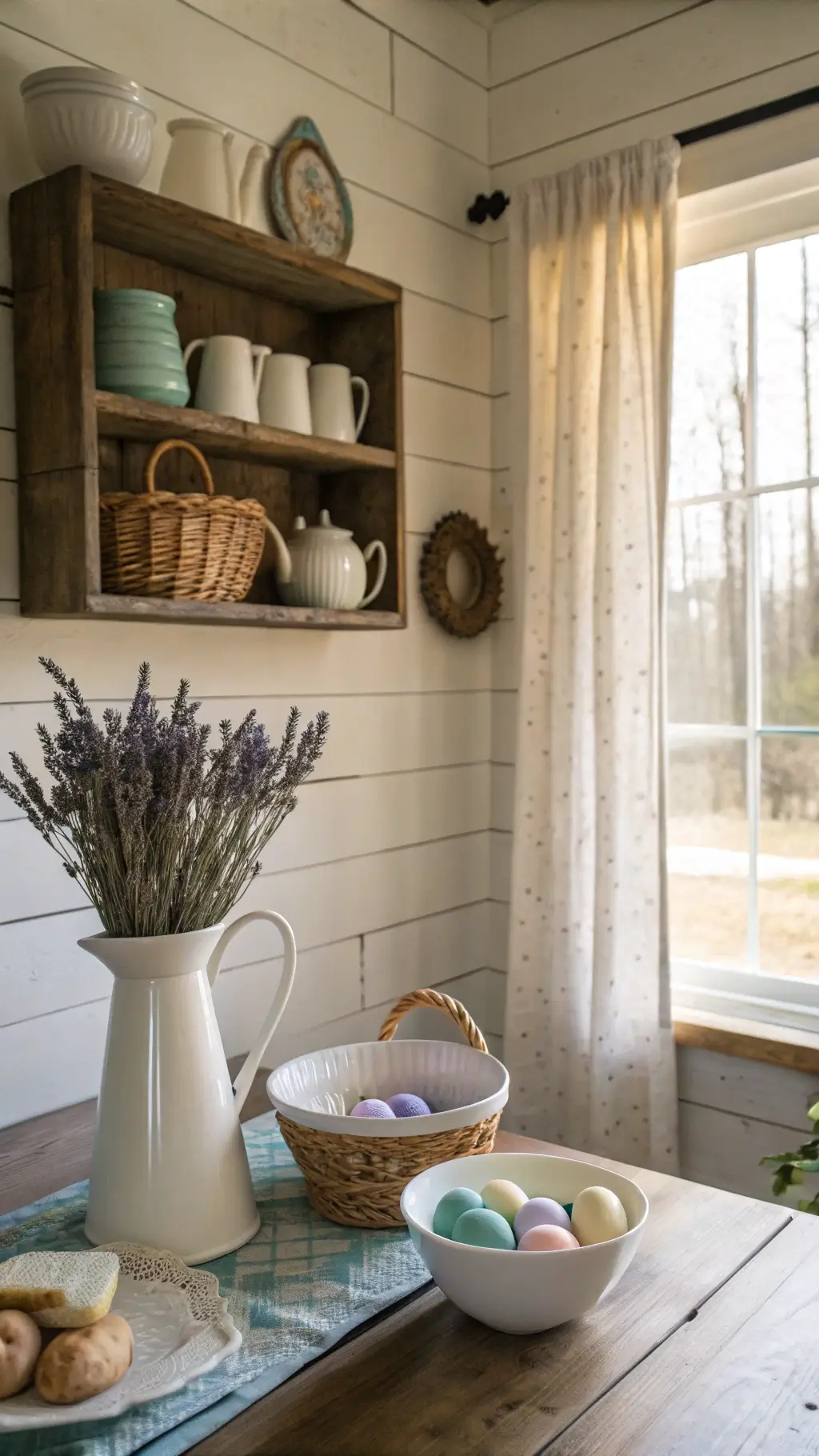 Farmhouse Easter kitchen nook with shiplap walls, floating wood shelves, vintage pitcher of pussy willows and lavender, pastel macarons, painted eggs, and sourdough in soft morning light.