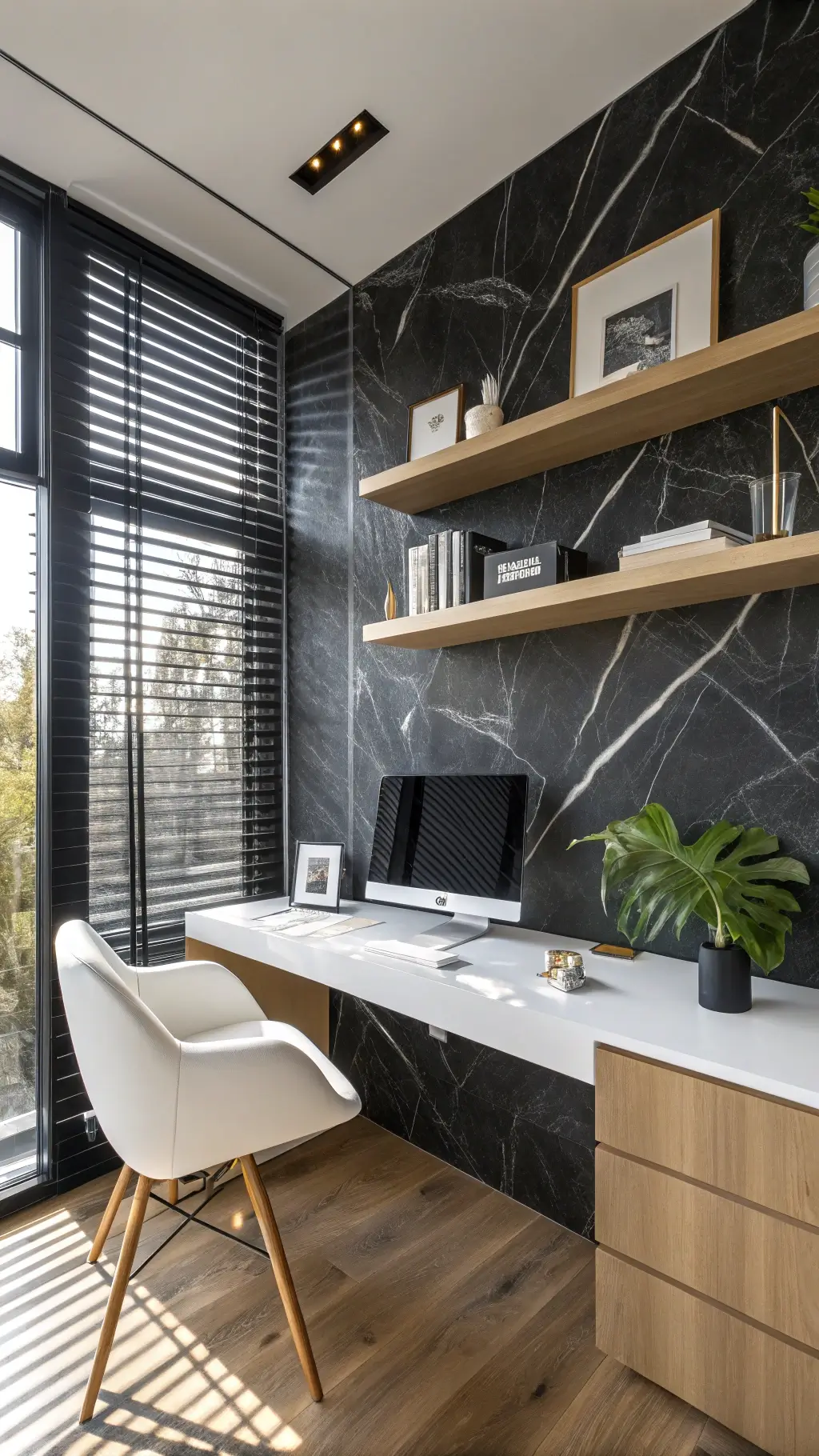 Contemporary 10x12ft home office with black granite accent wall, white desk, Eames-style leather chair, blonde wood shelves, and abstract art piece.
