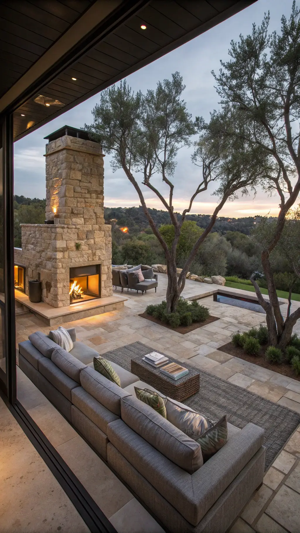 Expansive indoor-outdoor great room with retractable glass walls, stacked limestone fireplace, gray sectional, layered rugs, and potted olive trees at dusk.