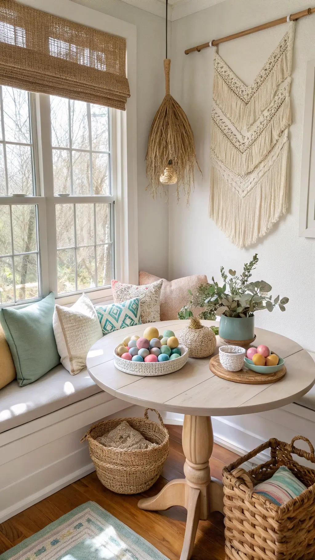 Boho Easter breakfast nook with natural linen banquette, rattan table with pastel pottery, ceramic eggs in baskets, vintage runners, and macramé wall art in morning light.