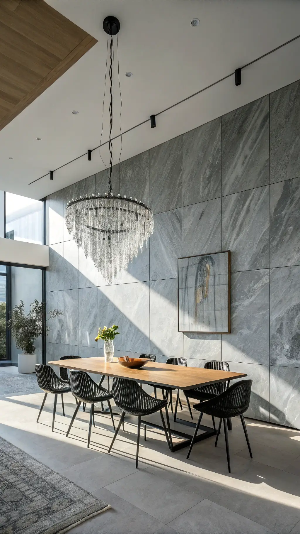 Minimalist dining room with oak table, black chairs, split-face gray marble wall, crystal chandelier, and abstract canvas art.