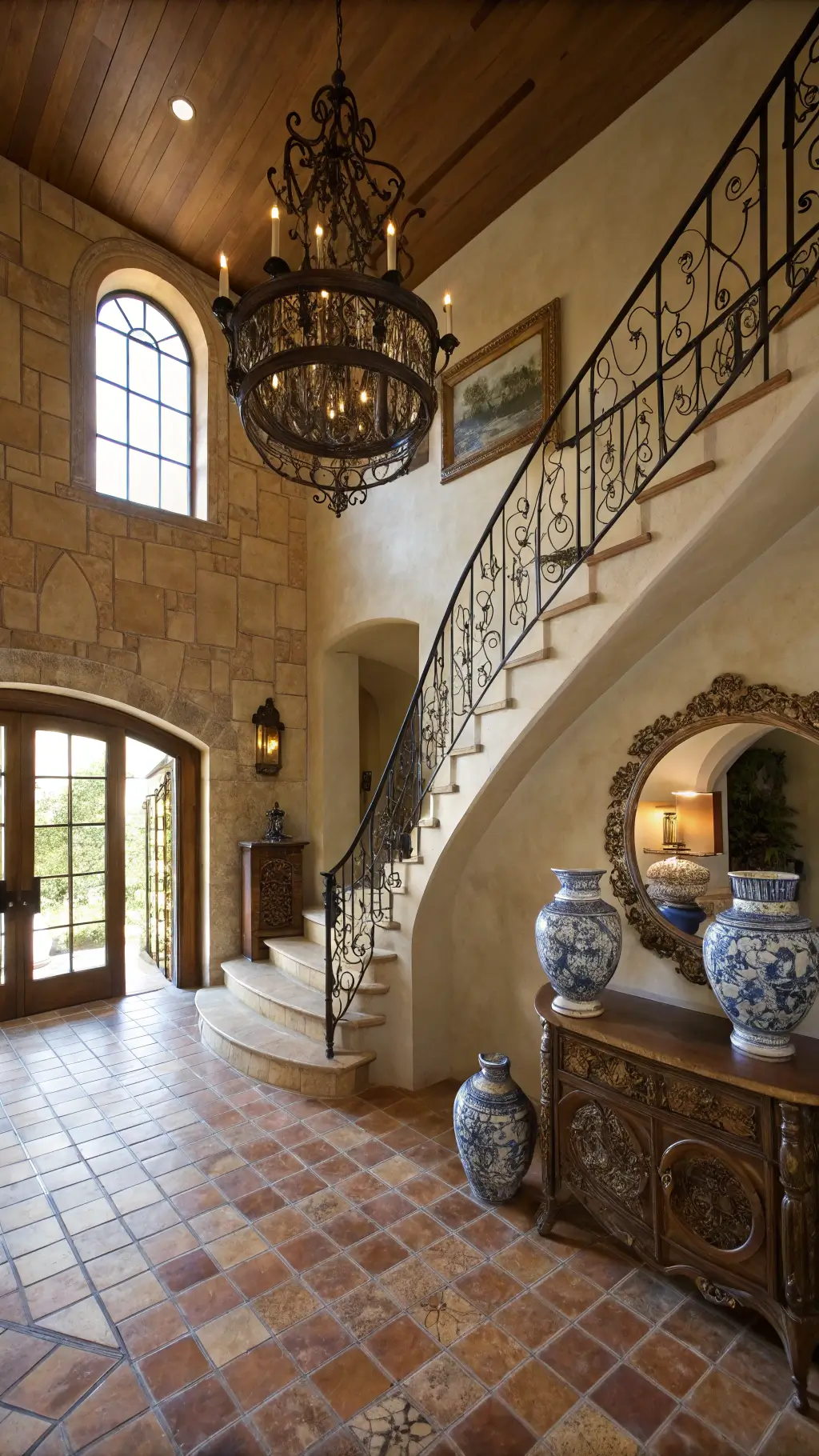 Mediterranean-style foyer with curved staircase, limestone walls, terracotta floors, wrought iron chandelier, antique console table, gilded mirror, and blue-and-white ceramics, viewed from above.