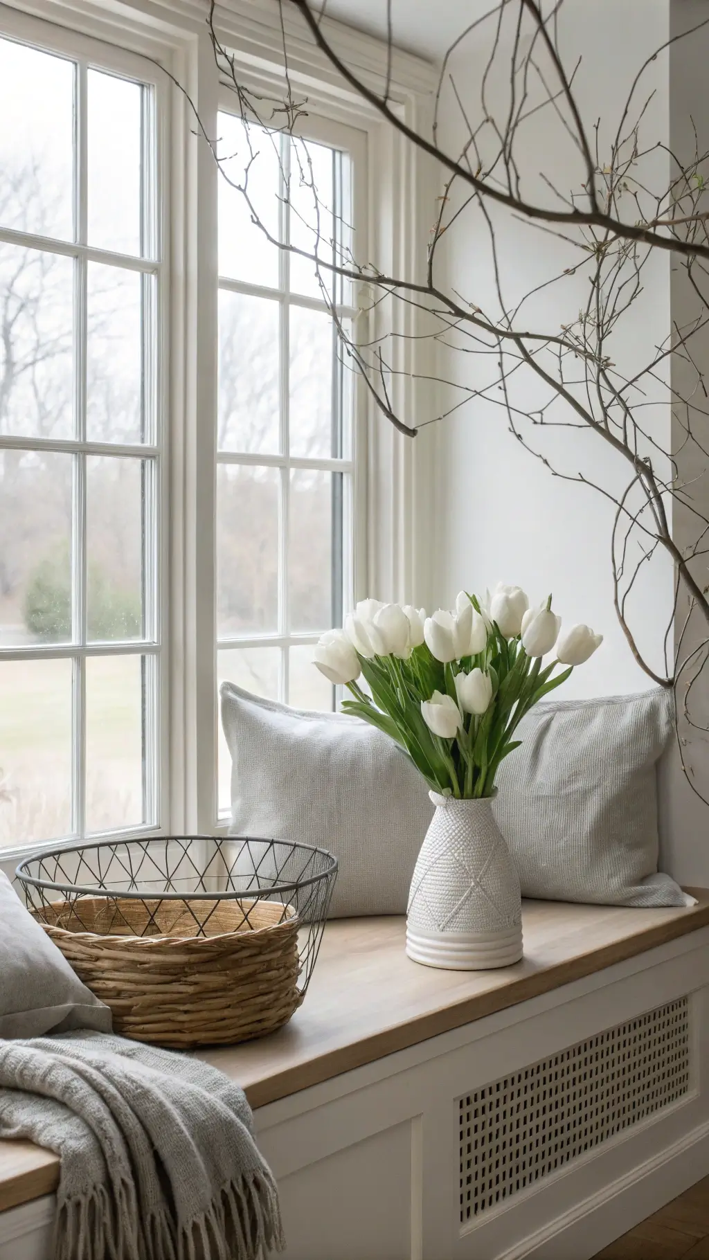 Scandinavian Easter window display with white oak window seat, ceramic vessels with white tulips, pale grey linens, earth-toned dyed eggs in wire basket, and sculptural branch installation in moody black and white lighting.