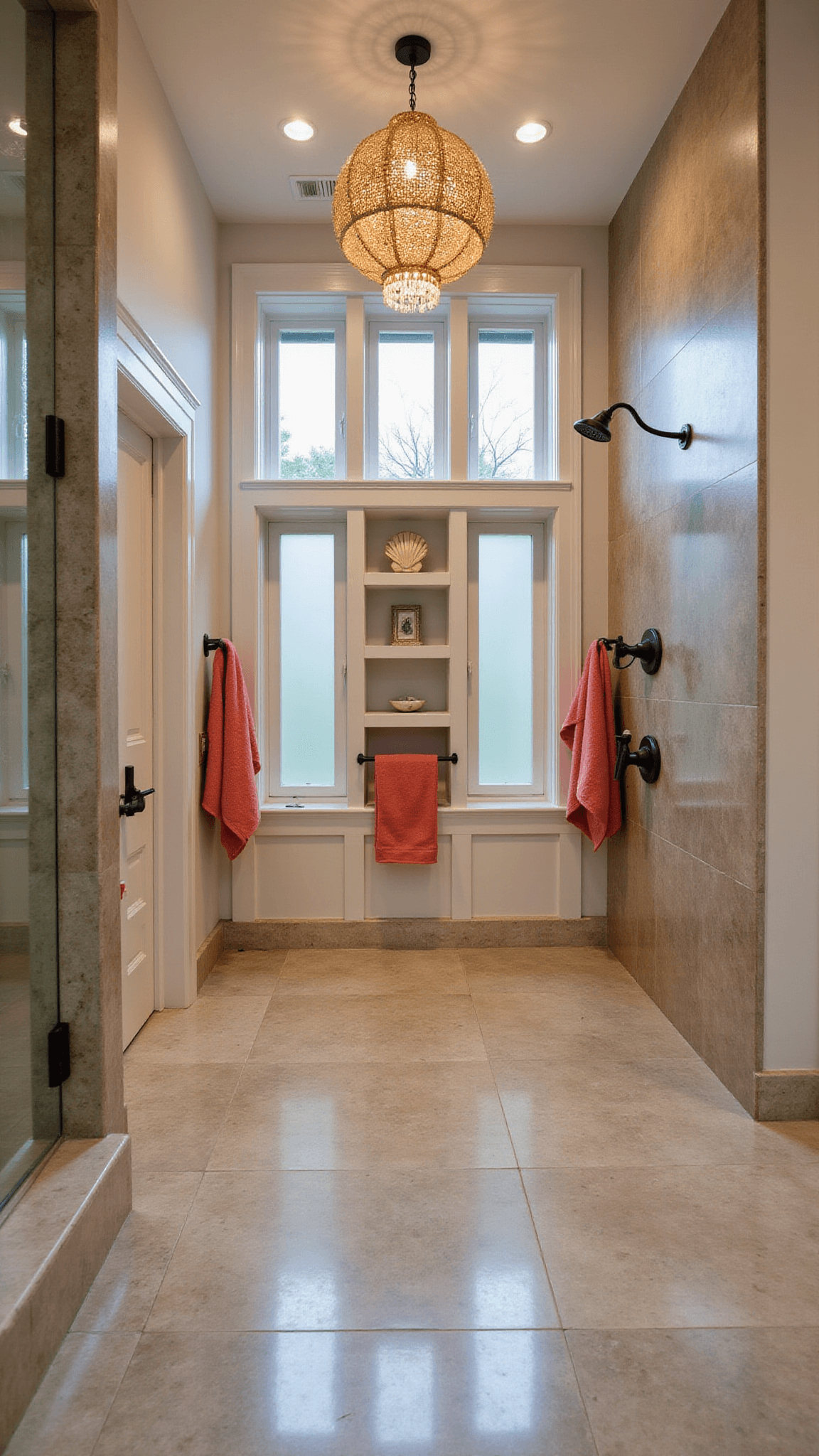 Luxurious master bathroom with oversized marble tile floors, oil-rubbed bronze rainfall showerhead, floor-to-ceiling frosted windows, coral accent towels, rattan pendant light, and shell-encrusted mirror reflecting warm LED lighting.
