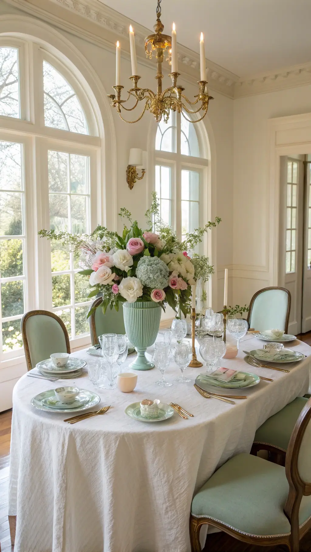 Elegant 14-foot dining room at golden hour with floral centerpiece, pastel table settings, and vintage brass accents.