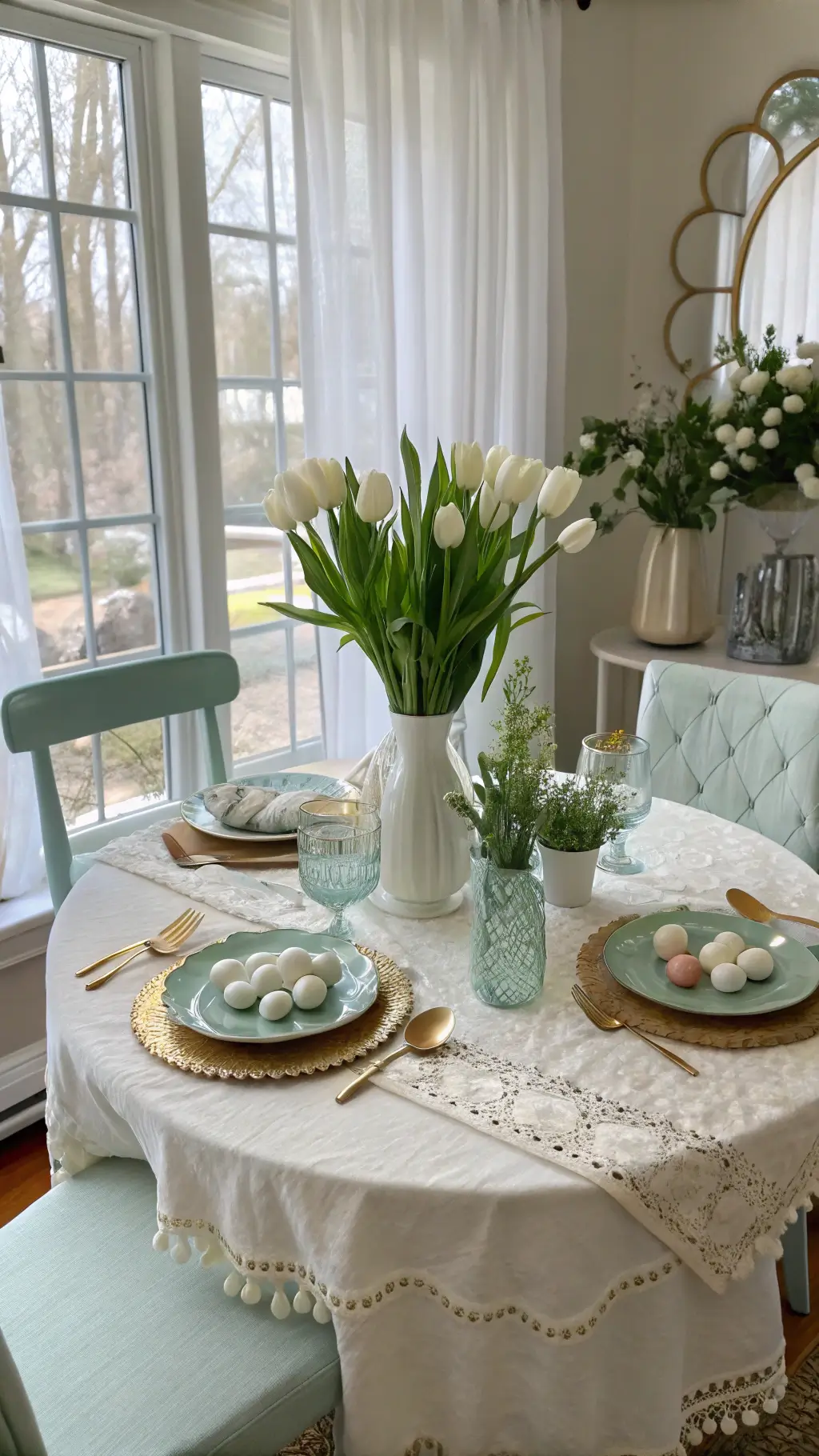Cozy breakfast nook with bay window, round table with ivory cloth, blue runner, floral centerpiece in milk glass vases, mint green plates, gold-rimmed teacups, quail eggs, porcelain bunnies, and rattan chairs with cream cushions.