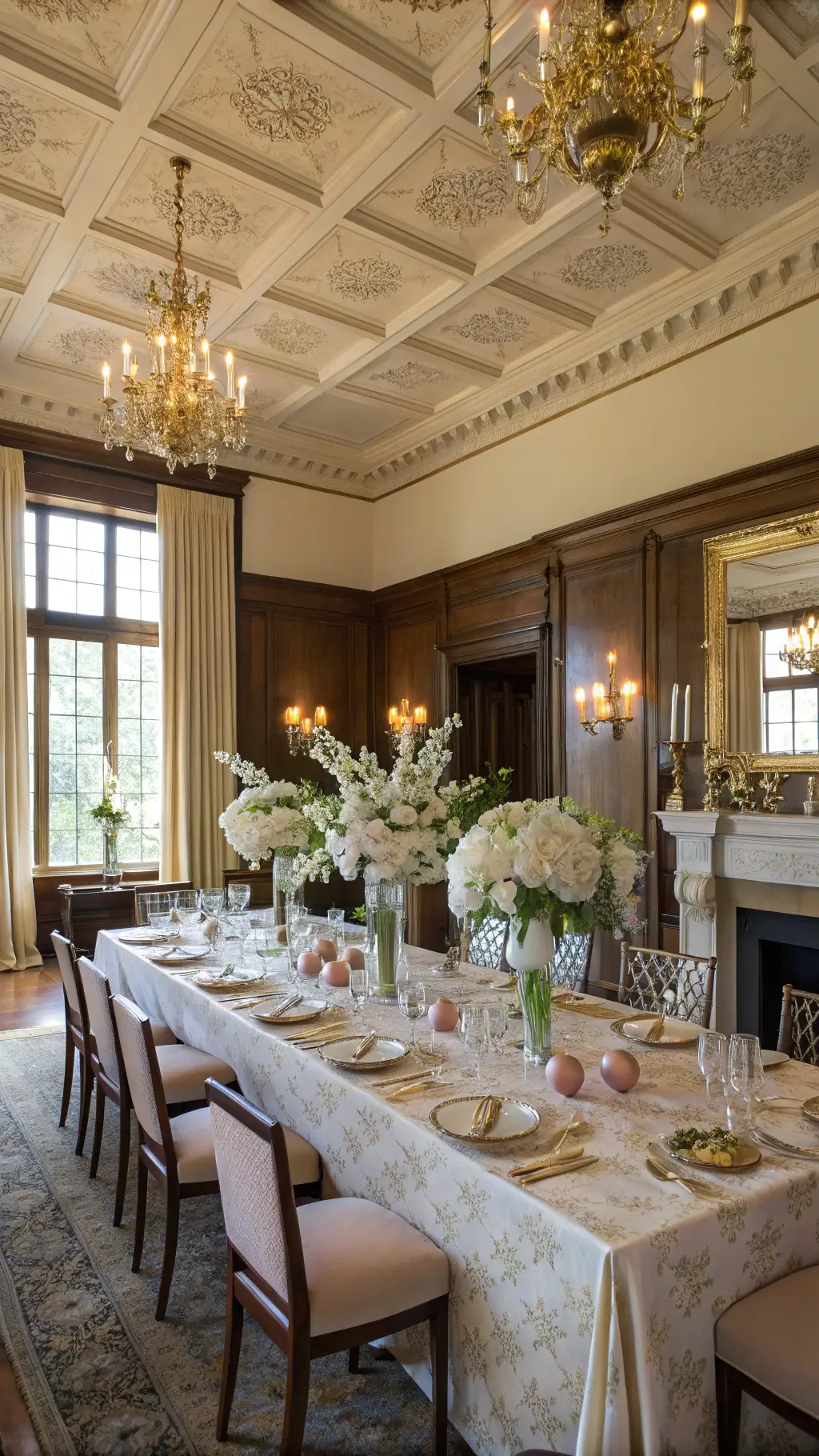Elegant formal dining room with coffered ceilings, sunlit table set with champagne silk tablecloth, floral centerpiece of cherry blossoms and hydrangeas, gold-rimmed china, crystal glasses, antique silverware, and brass candle holders with pink tapers.