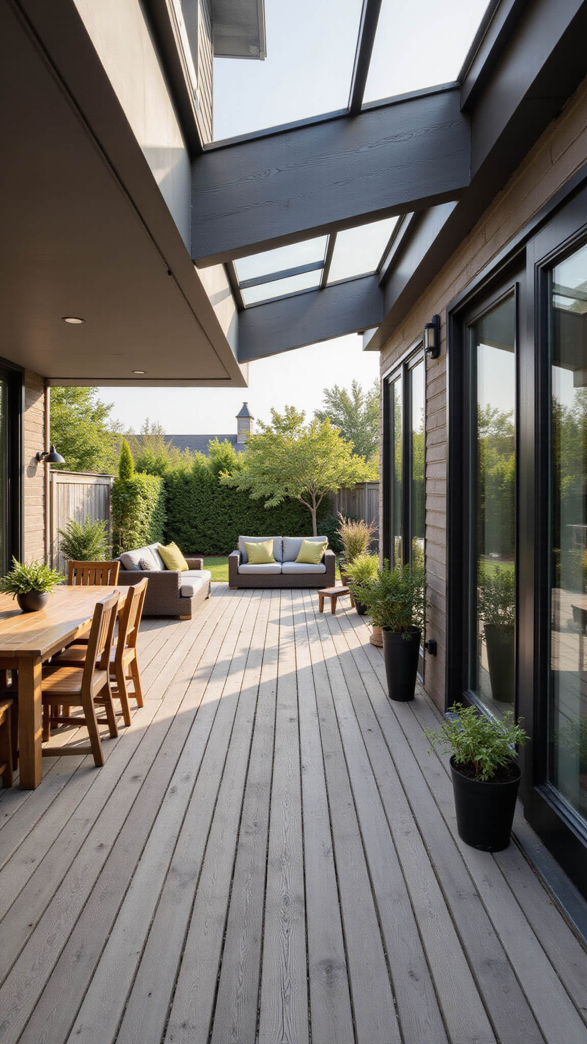 Modern sunlit patio with skylights casting shadows on teak dining set, cedar deck, sage green accents, and black fixtures.