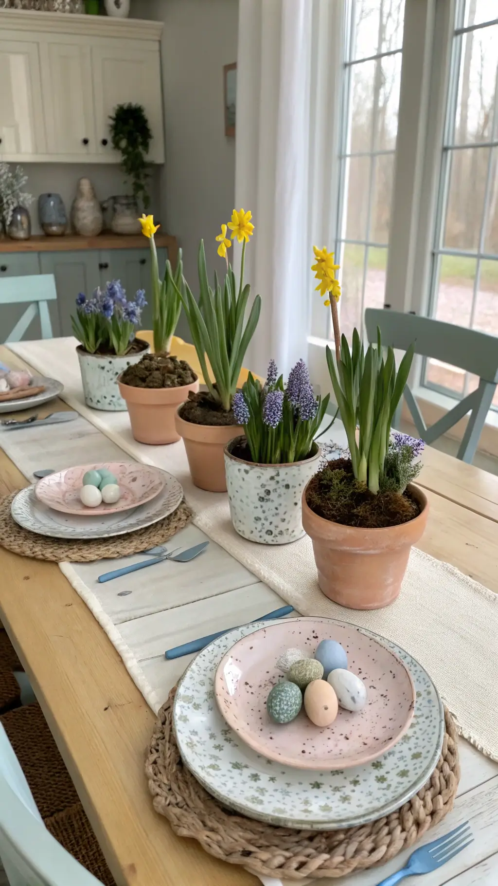 Modern farmhouse dining table with pastel and natural decor, featuring spring bulb centerpiece in terra cotta pots, stoneware plates, indigo napkins, and soft window lighting.