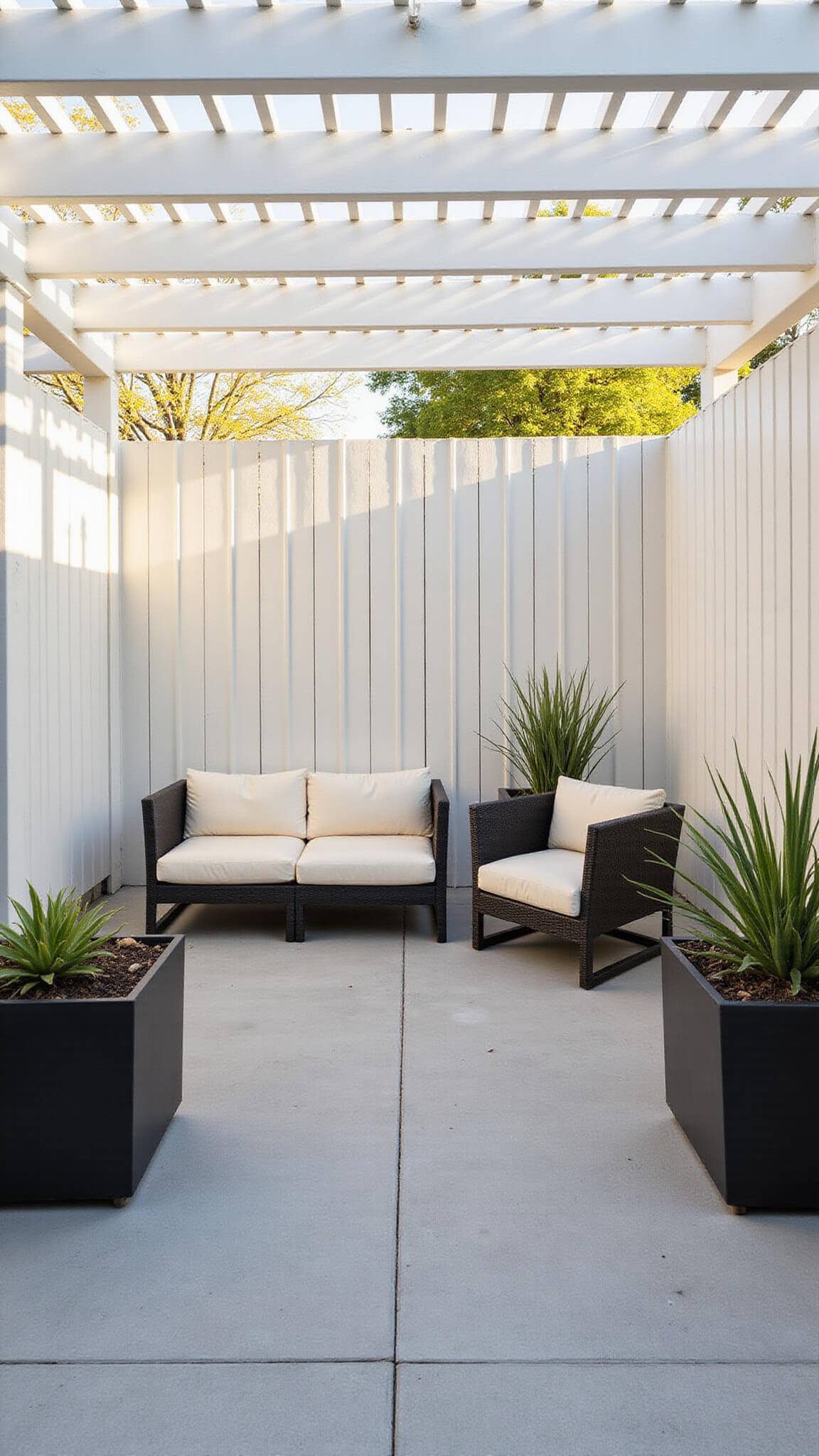 Contemporary 16x12ft patio with white slat pergola casting geometric shadows on concrete, black metal furniture with ivory cushions, and succulents in black planters at golden hour.