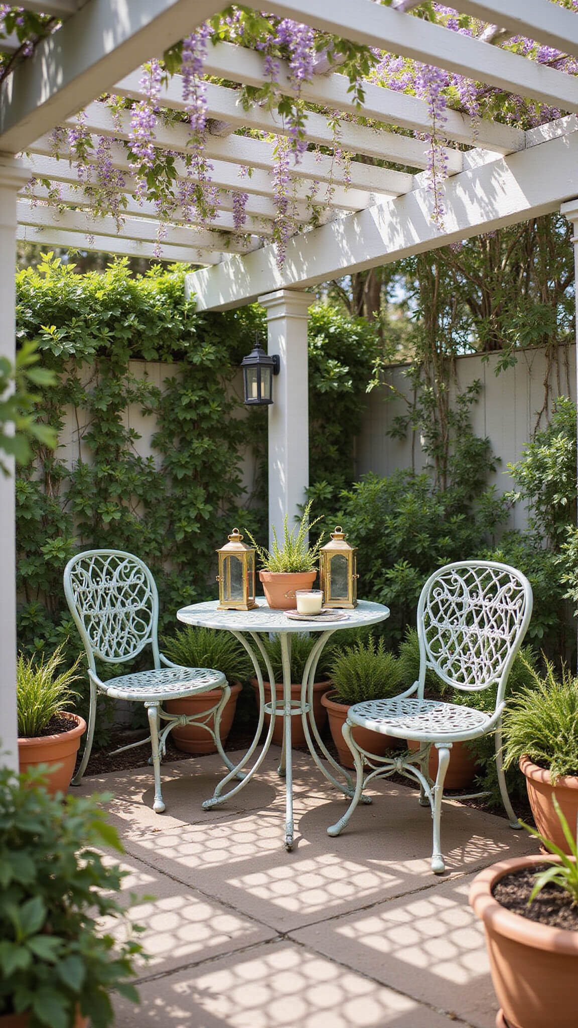Vintage sage green bistro set on cozy 12x14ft garden patio under white lattice, dappled mid-morning light through wisteria and jasmine, terracotta pots and lanterns add Mediterranean charm.