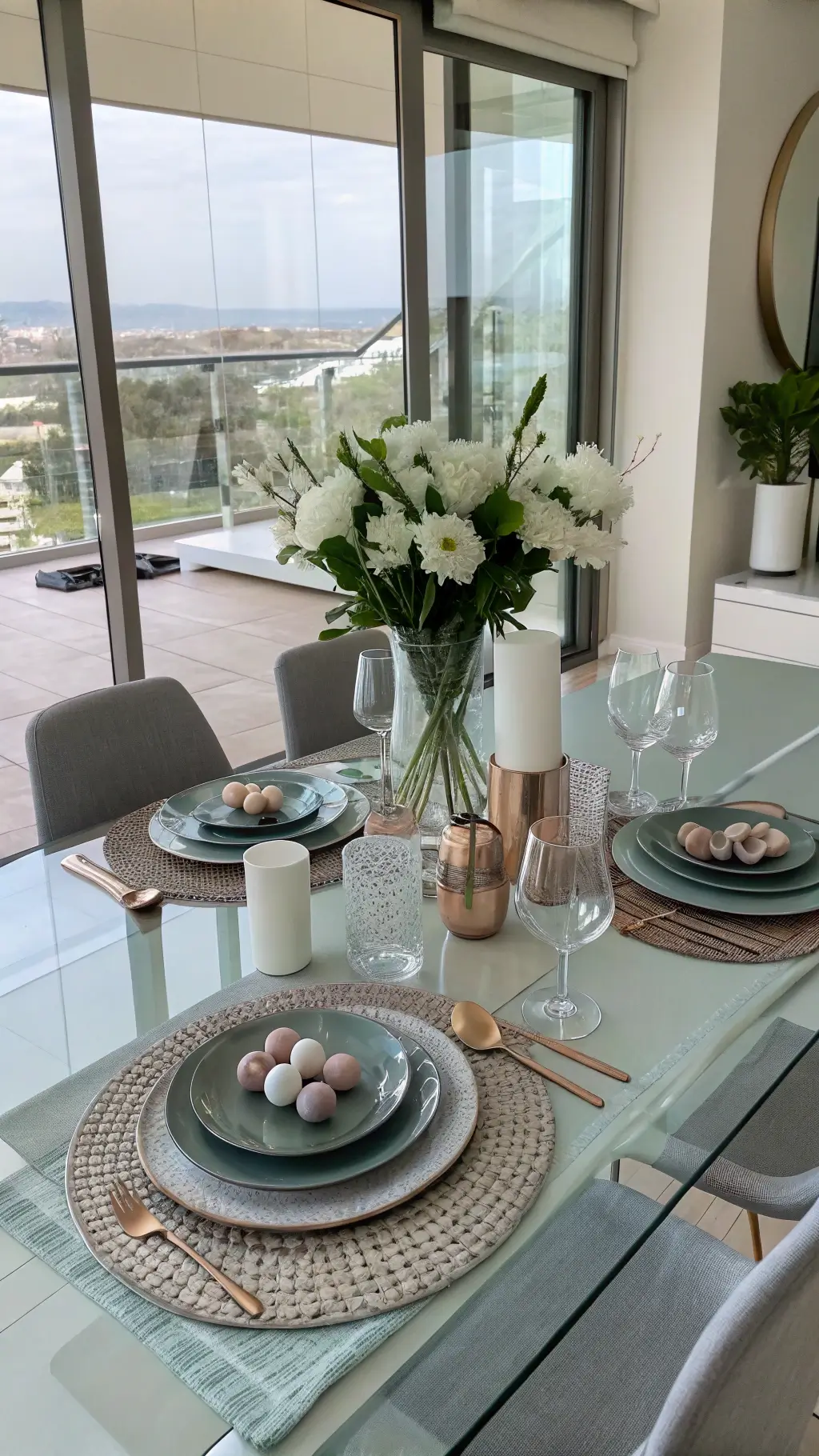 Modern open-concept dining area with glass table, silver runner, white anemones, black and lavender place settings, copper napkin rings, and pastel glass eggs viewed from above.