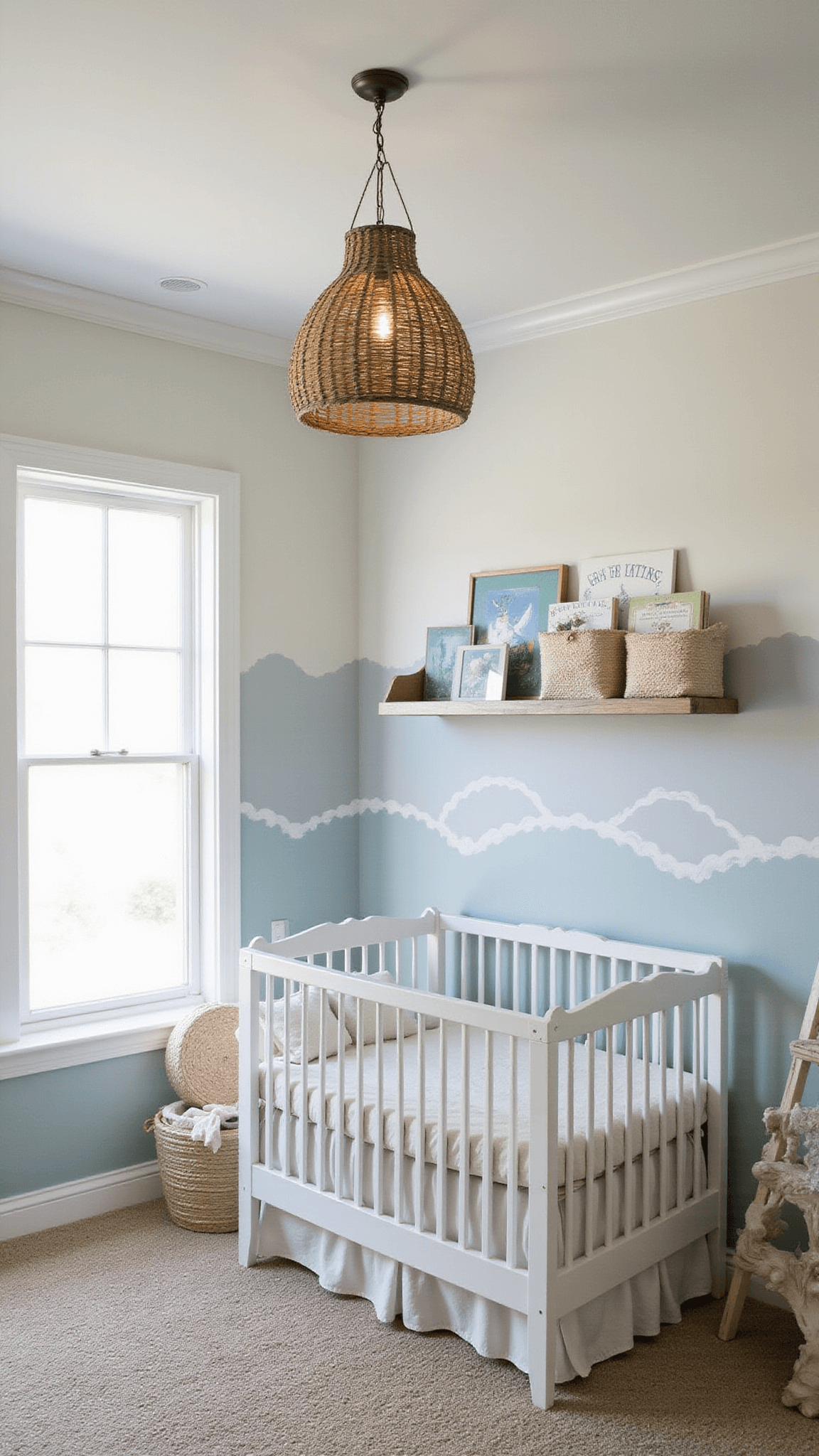Nursery with hand-painted wave mural, white crib, shell mobile, and seagrass pendant in dawn light.