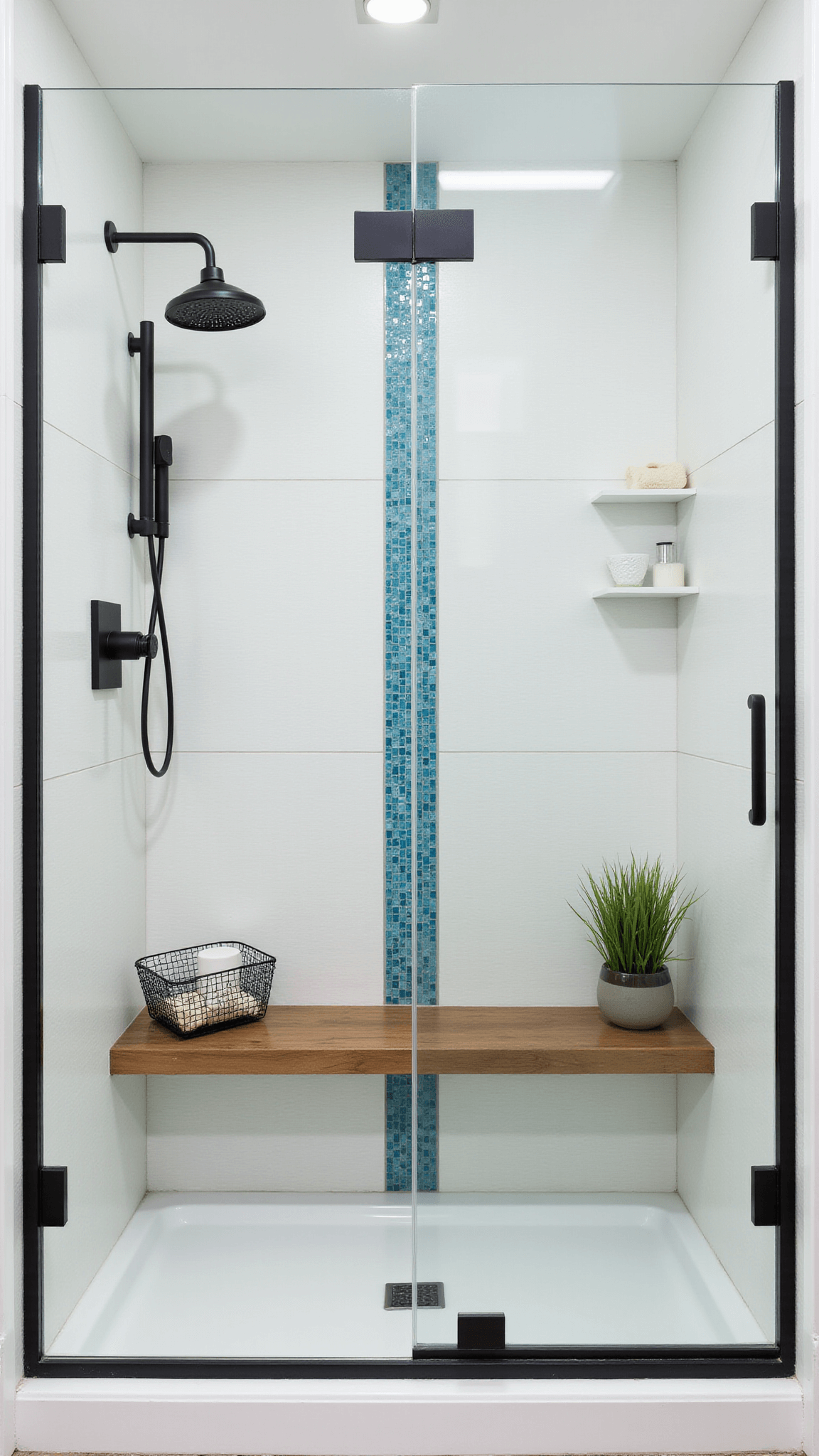 Minimalist 5x8ft shower alcove with frameless glass, white wave-textured tiles, blue mosaic accent, matte black fixtures, and floating teak bench.