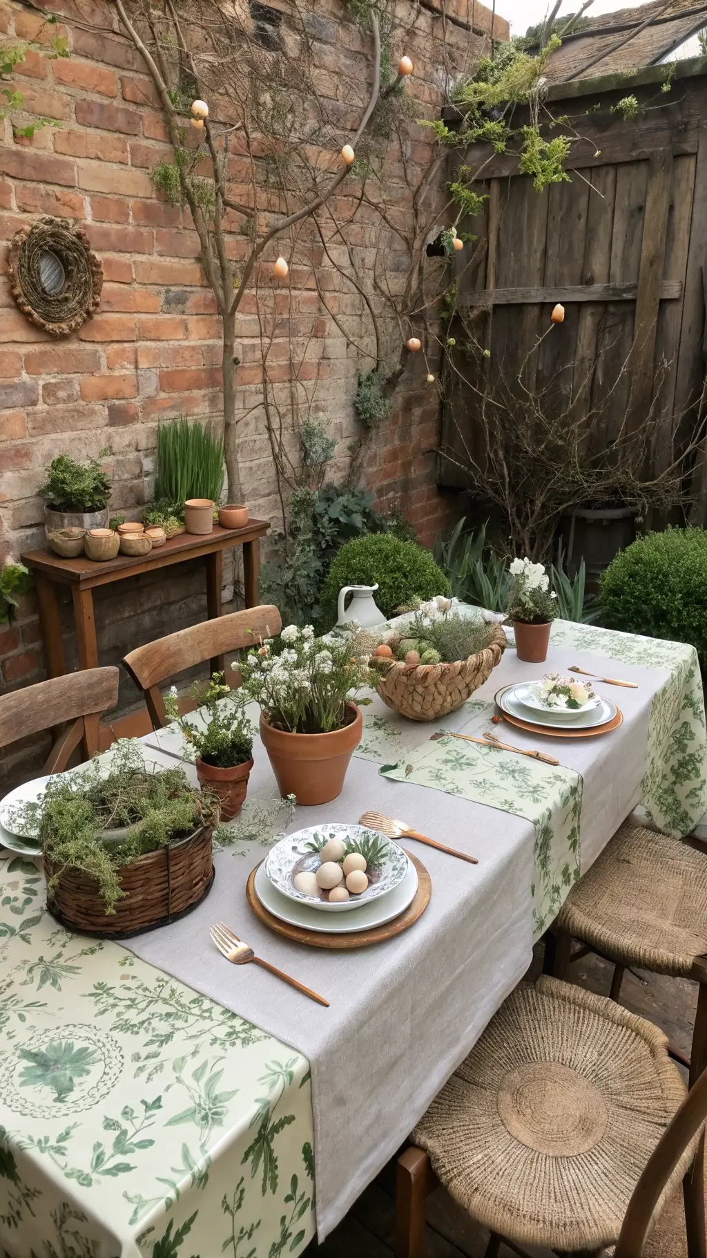 Rustic garden room with exposed brick walls, vine-covered accents, and a wooden farm table set with botanical decor, herbs, floral plates, and copper flatware in soft afternoon light.