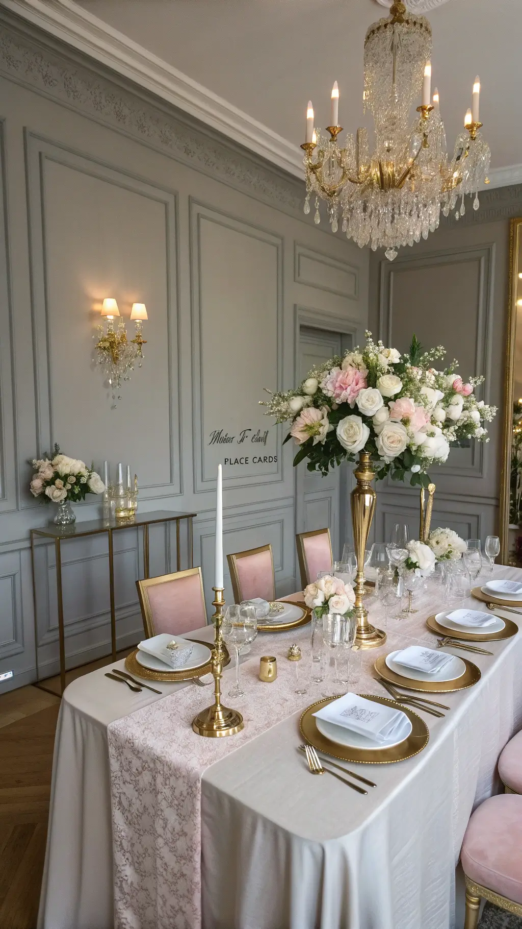 Luxurious grey-paneled dining room with glass table, blush and ivory tablecloths, floral centerpiece, elegant place settings, and crystal chandelier overhead.