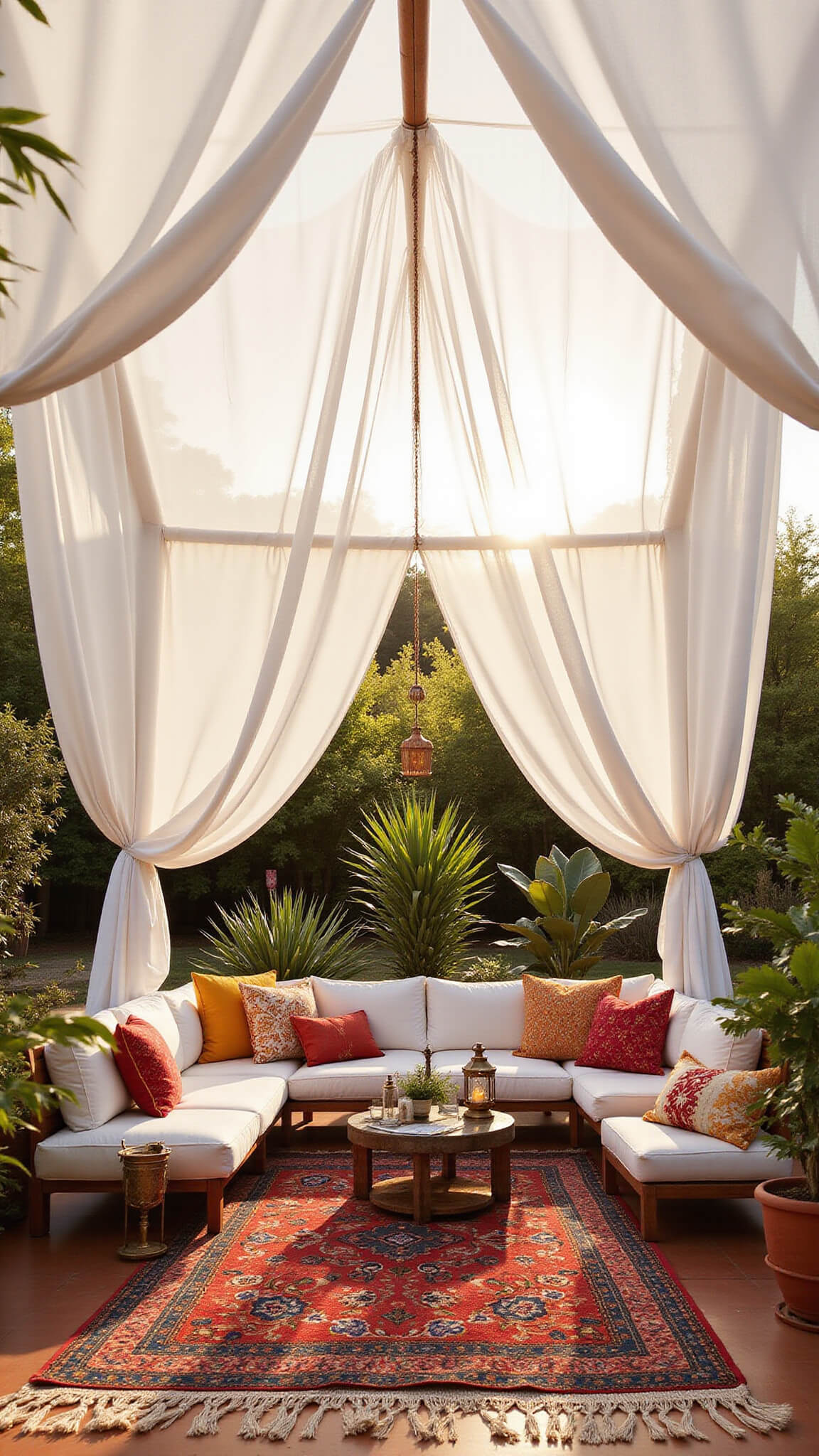 Bohemian patio with white canopy, Moroccan rugs, low colorful seating, brass lanterns, and lush plants at sunset.