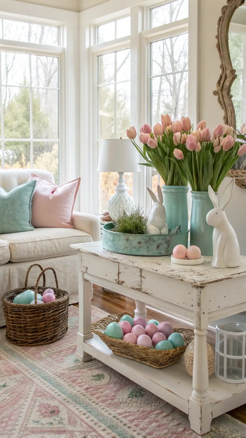 Easter-themed living room corner with cream sofa, pastel pillows, ceramic bunnies on white console, tulips in mercury vases, and basket of pastel eggs on jute rug.