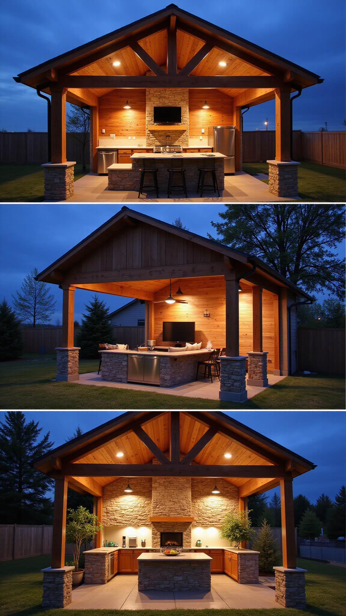 Permanent 20x20ft gazebo at dusk with vaulted cedar ceiling, outdoor kitchen, cozy seating, and warm LED lighting.