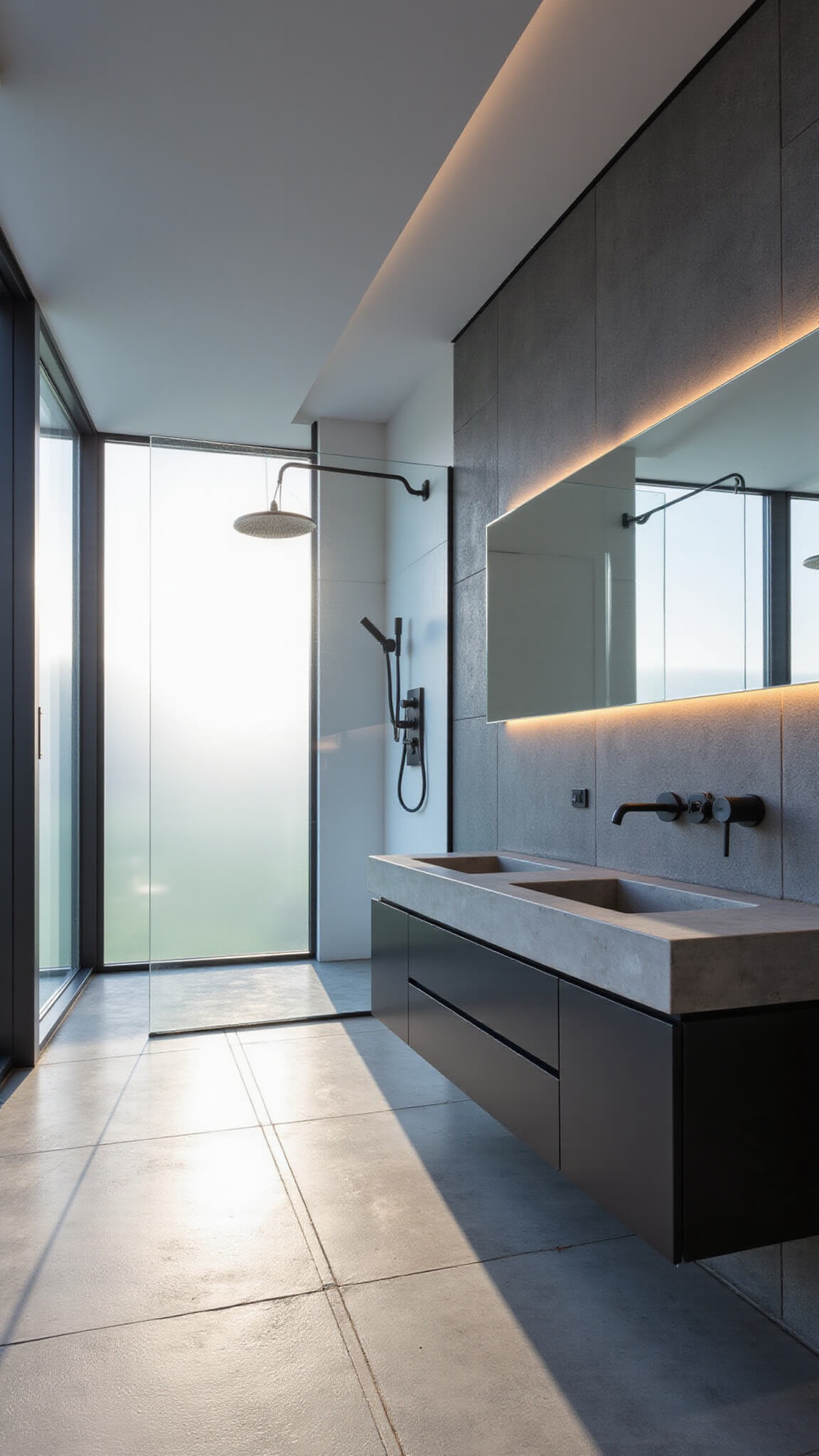 Minimalist 12x15ft bathroom with floating concrete vanity, matte black fixtures, frameless glass shower, smart mirror, and floor-to-ceiling frosted windows lit by morning light.