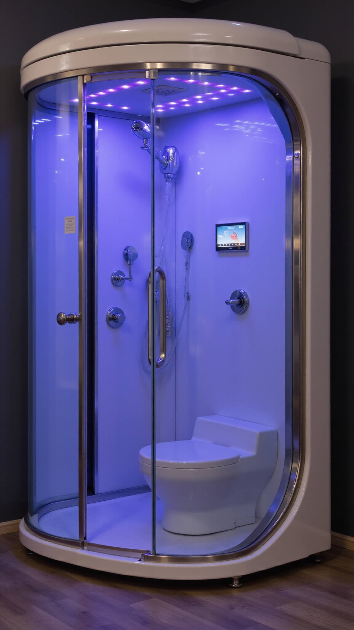 Futuristic smart wellness pod with curved glass walls, ambient purple-blue LED lighting, and discreet biometric sensors in a steam-filled, tech-integrated spa setting.