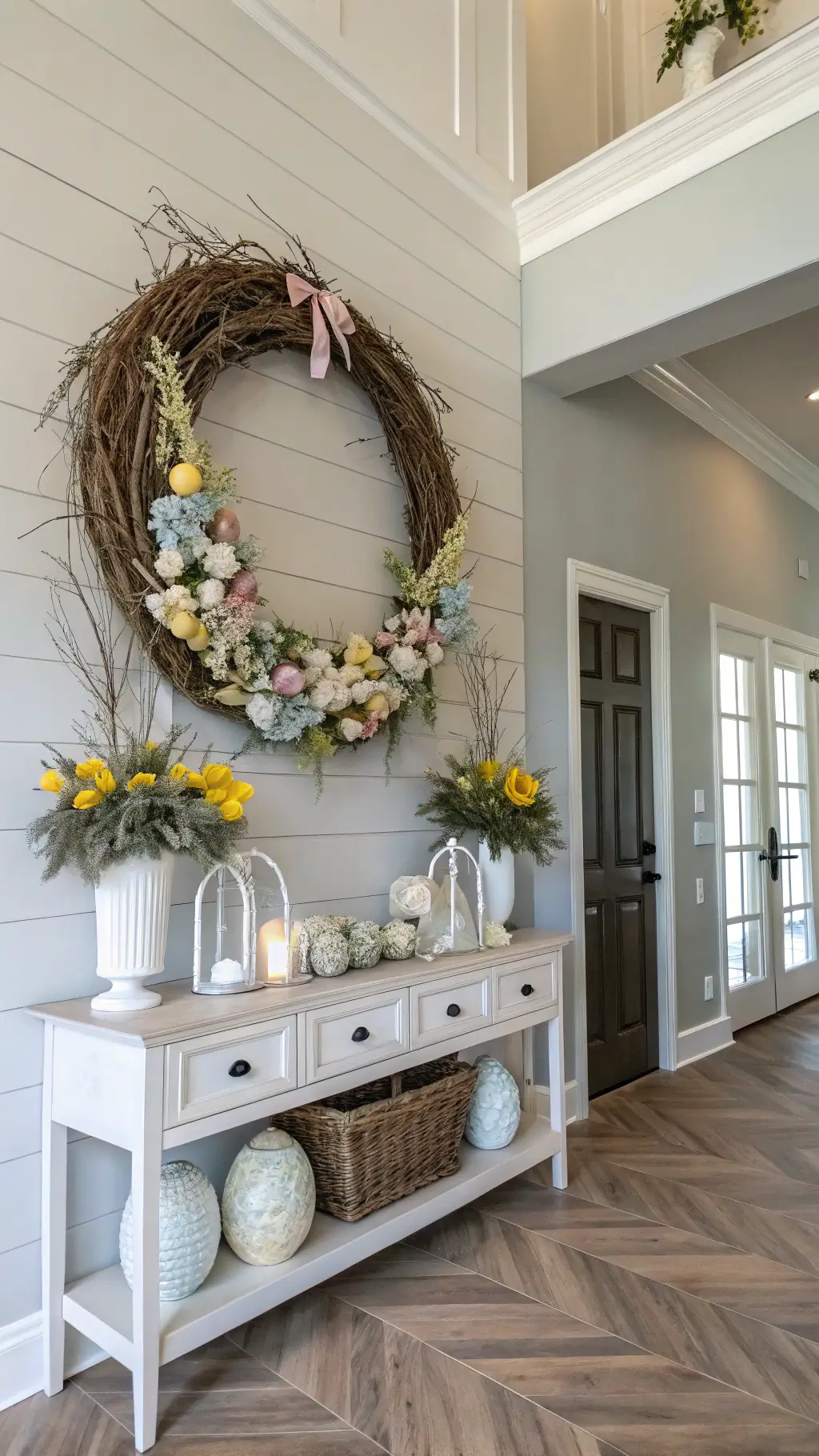 Grand foyer with tall ceilings featuring oversized Easter wreath of cherry blossoms and eggs on gray shiplap wall above console table with daffodils in white ginger jars; herringbone wood floors below.
