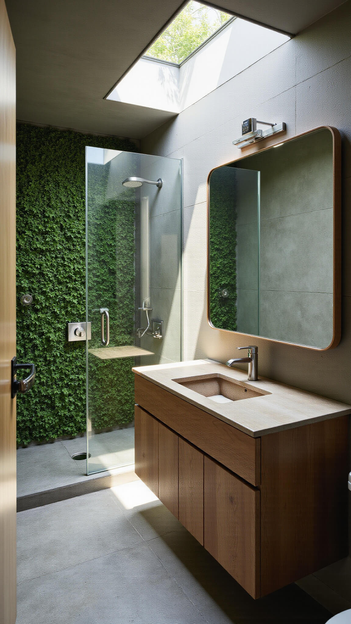 Eco-friendly bathroom featuring living plant wall, smart water-saving shower, reclaimed wood vanity with interactive mirror, and sensor faucets, bathed in morning skylight.